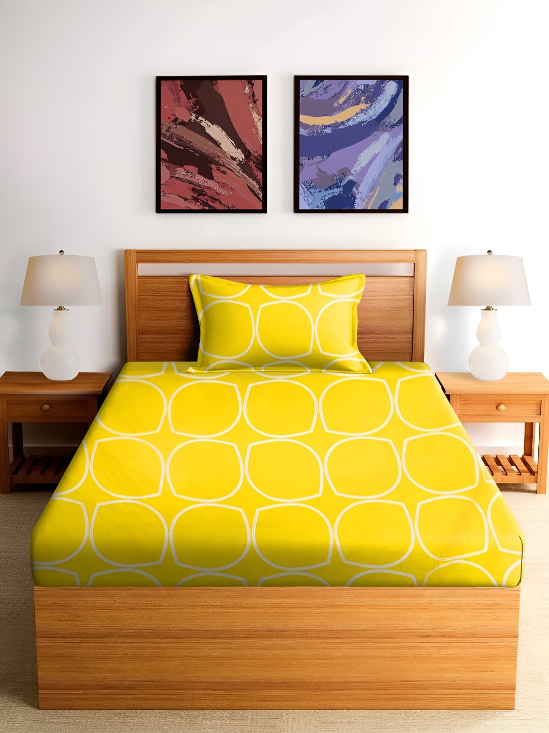 

RRC Yellow & White Geometric 144 TC Single Bedsheet Set