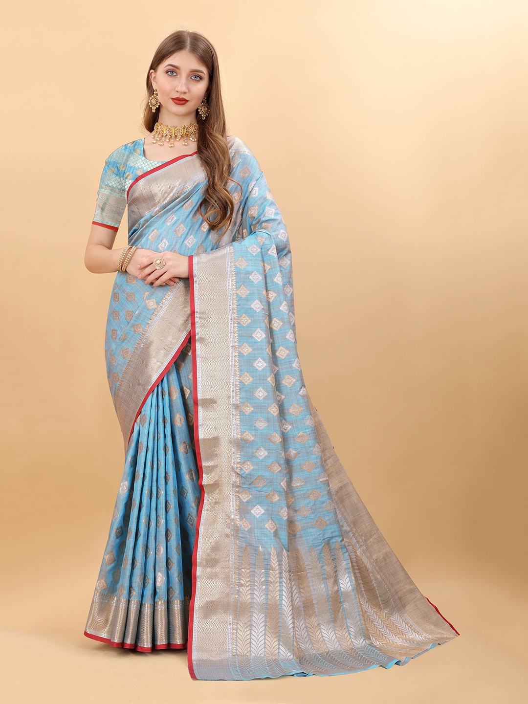 

NIWAA Woven Design Zari Silk Taant Saree, Blue