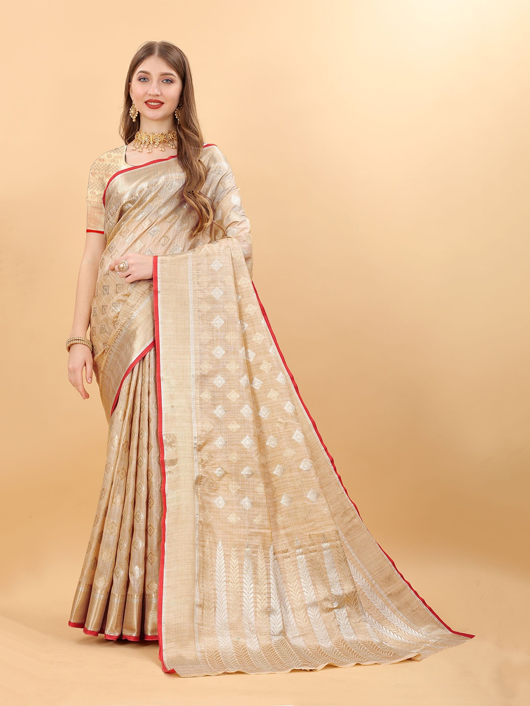 

NIWAA Floral Woven Design Cotton Silk Taant Saree, Beige