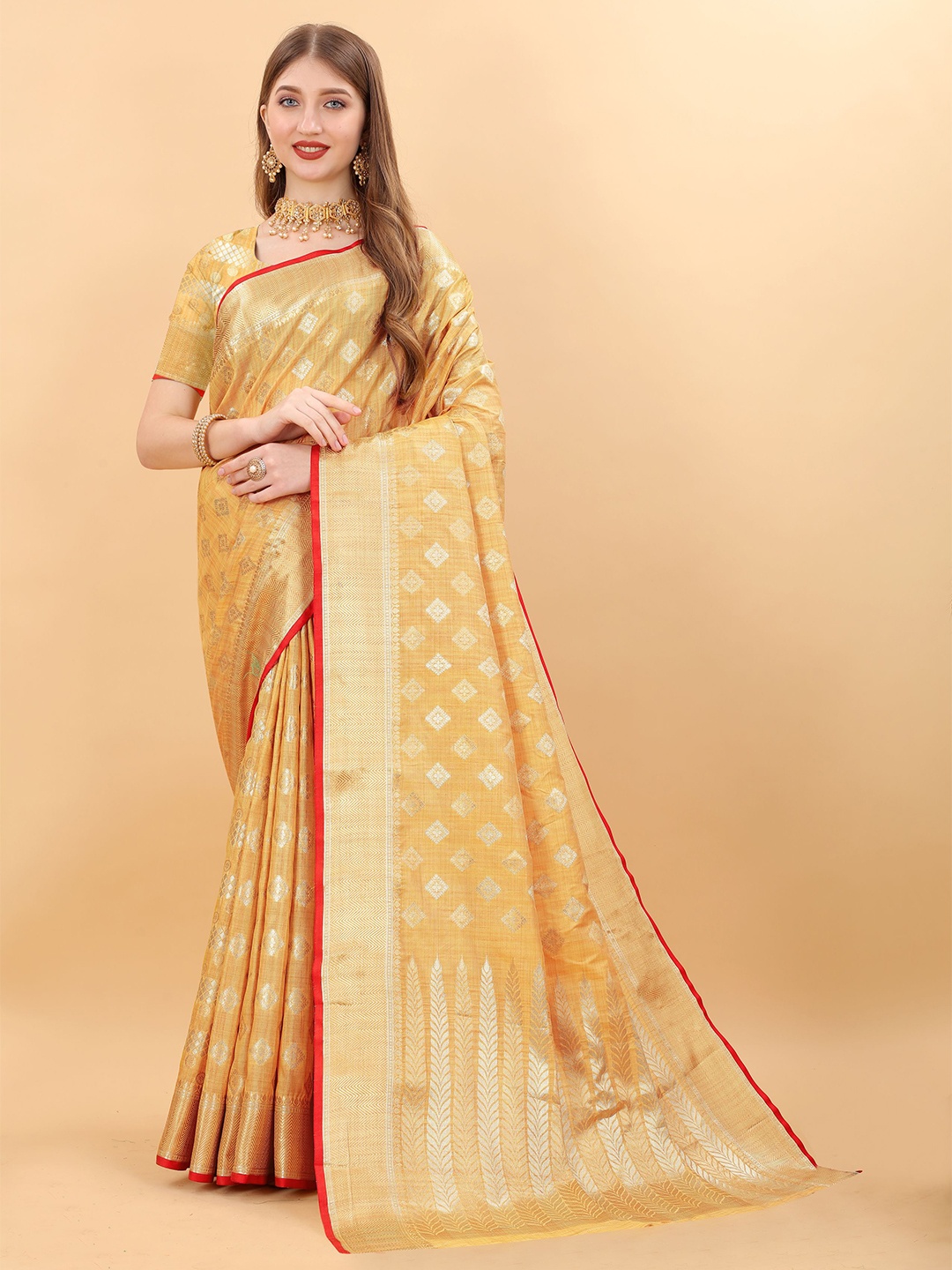 

NIWAA Woven Design Zari Silk Taant Saree, Yellow