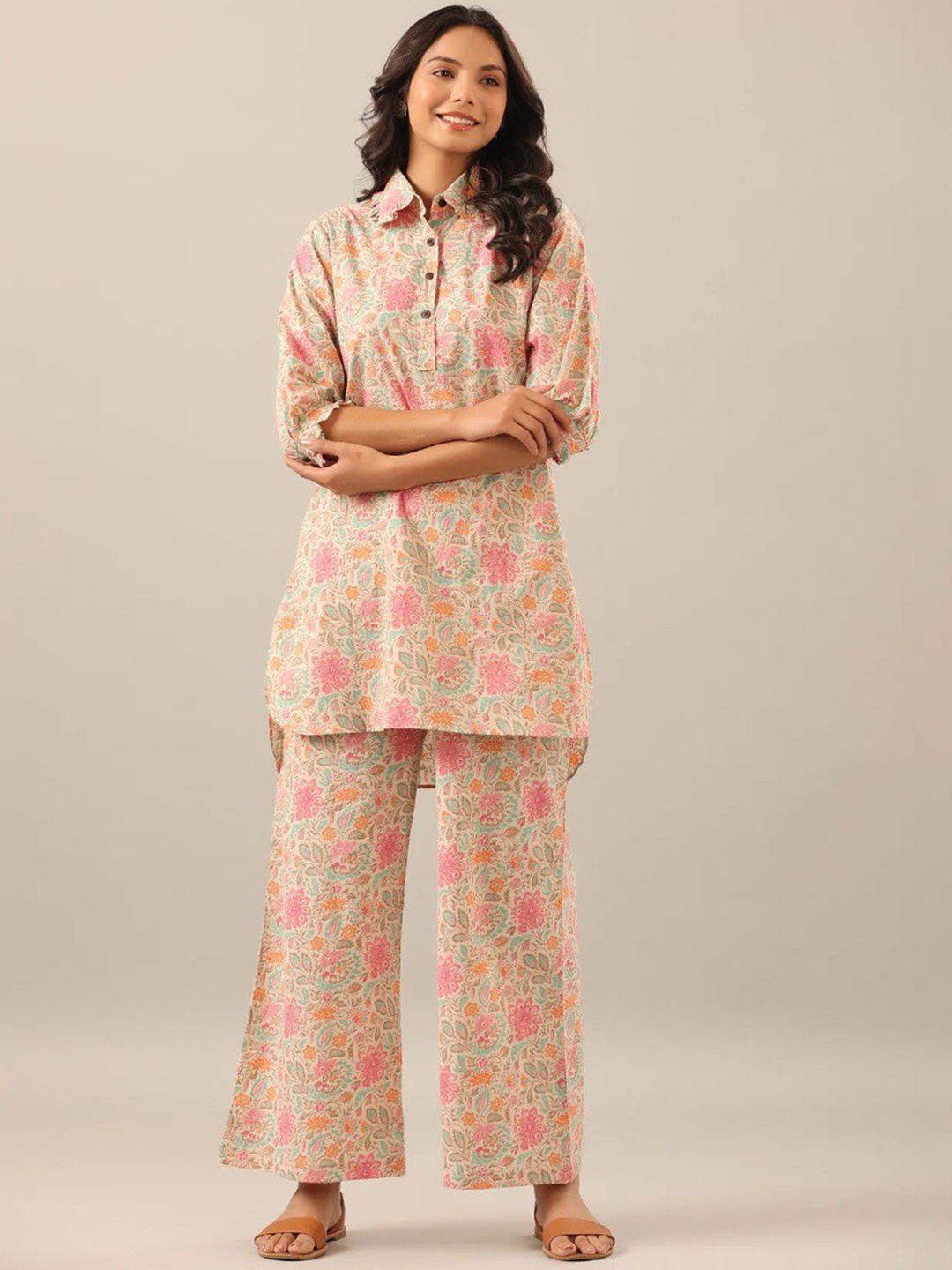 

ISHA TRADE Printed Shirt Collar Tunic With Trouser, Beige