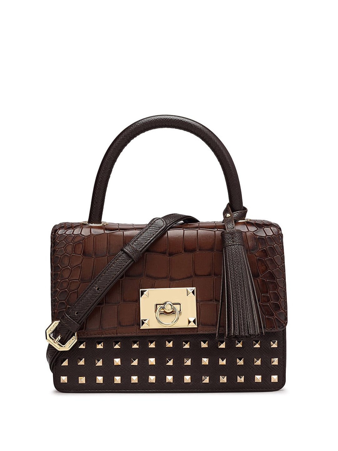 

Da Milano Embellished Zip Detail Leather Handbags, Brown