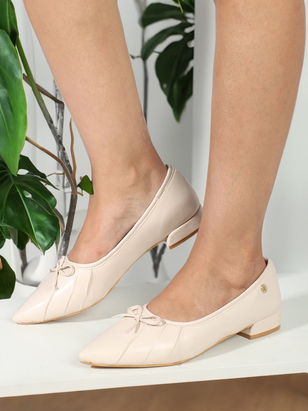 

ELLE Bow Detail Pointed Toe Block Heel Pumps, Cream