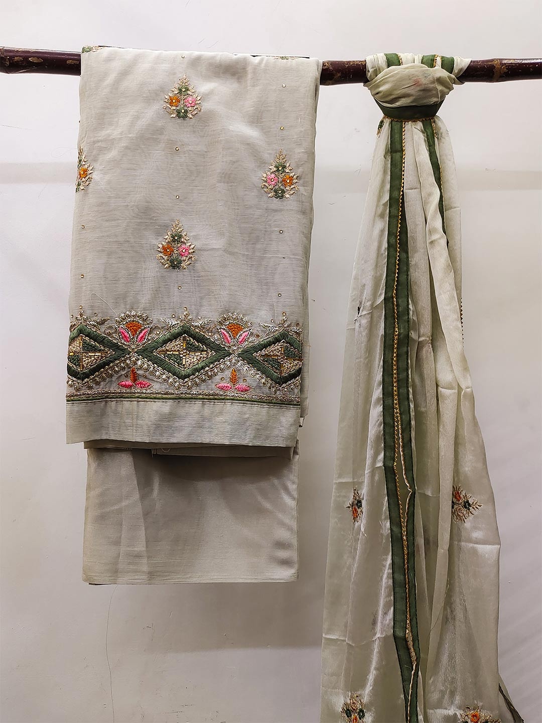 

MANVAA Ethnic Motifs Embroidered Sequined Unstitched Dress Material, Grey