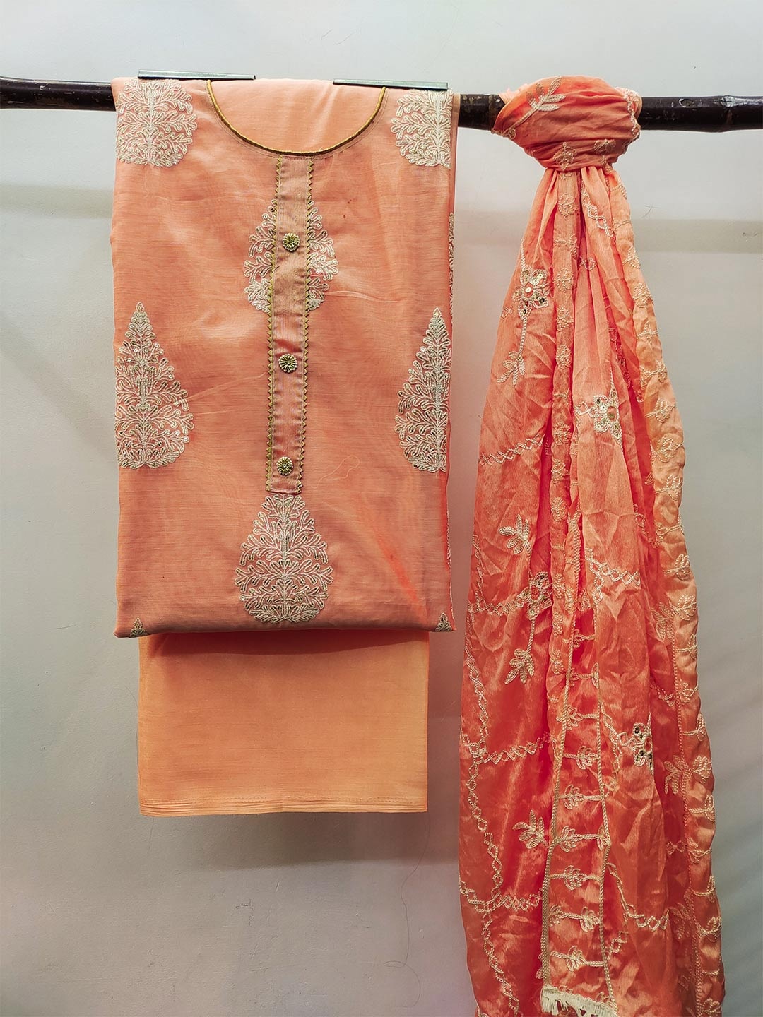 

MANVAA Ethnic Motifs Embroidered Sequinned Unstitched Dress Material, Peach