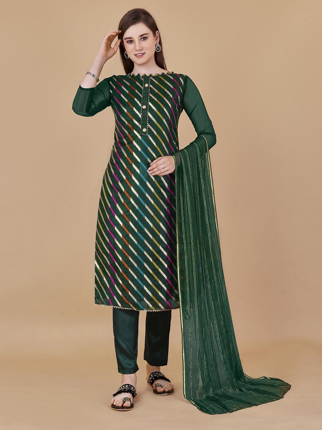 

MANVAA Striped Gotta Patti Organza Unstitched Dress Material, Green