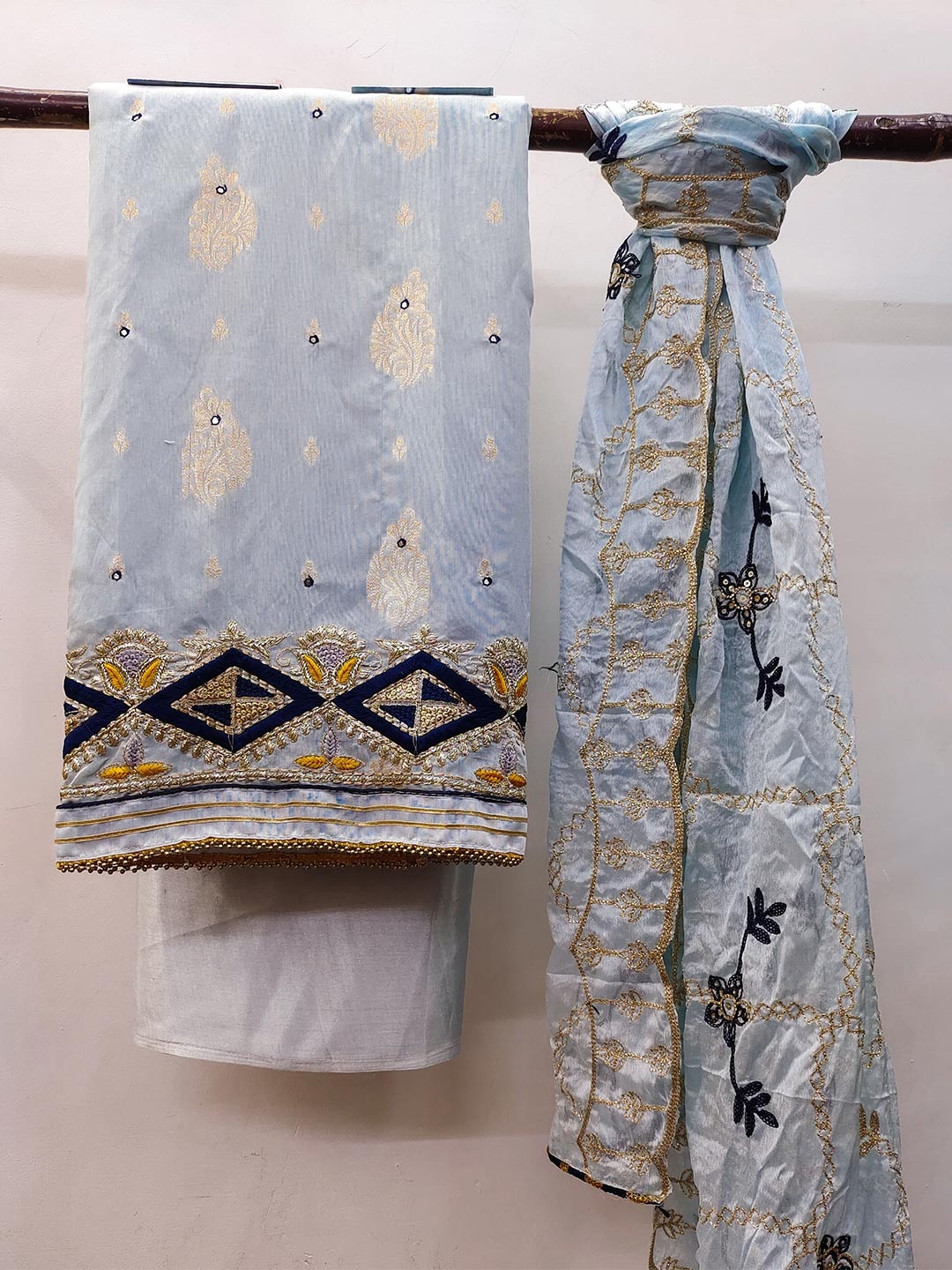 

MANVAA Ethnic Motifs Woven Design Mirror Work Unstitched Dress Material, Sea green