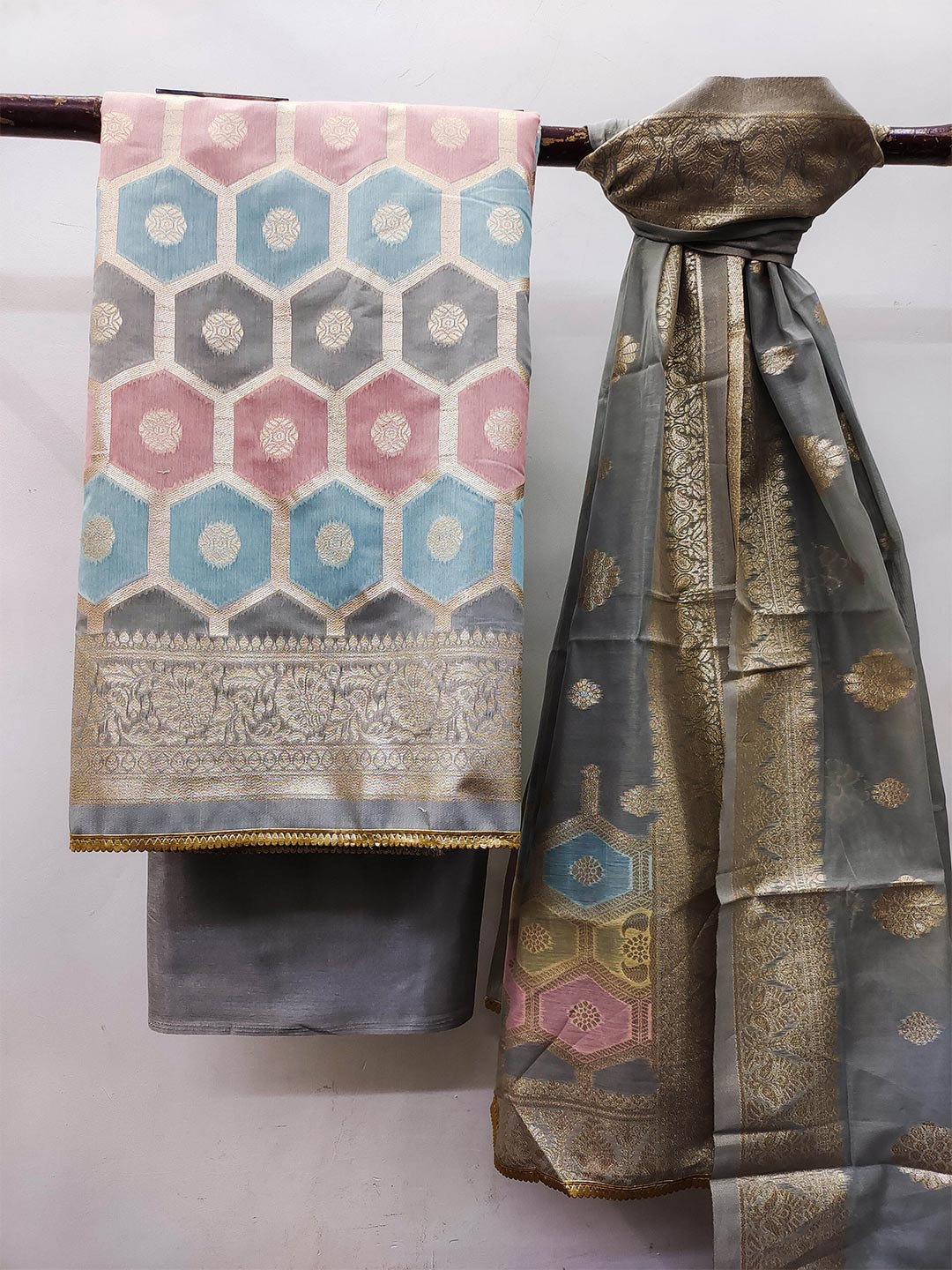 

MANVAA Geometric Woven Design Zari Unstitched Dress Material, Grey