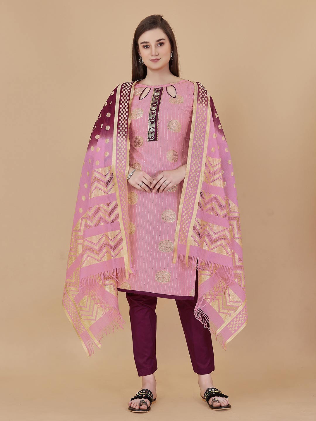 

MANVAA Ethnic Motif Woven Design Unstitched Dress Material, Pink