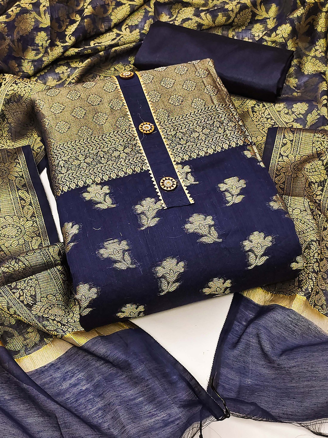 

MANVAA Ethnic Motifs Banarasi Jacquard Woven Design Gotta Patti Unstitched Dress Material, Navy blue