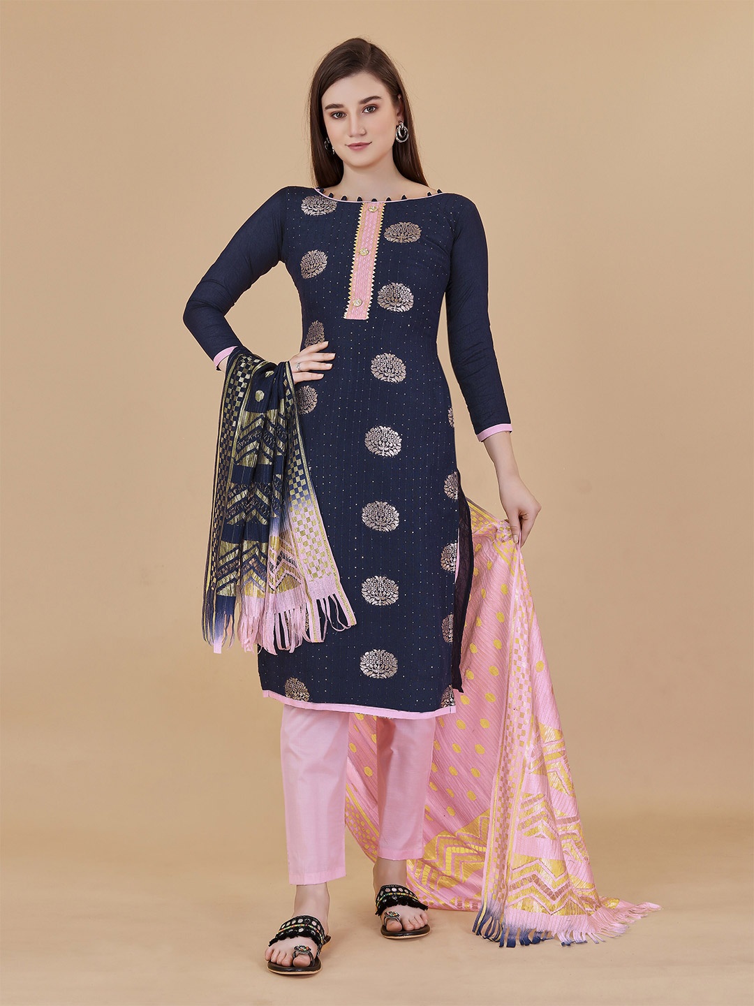 

MANVAA Ethnic Motif Woven Design Unstitched Dress Material, Blue