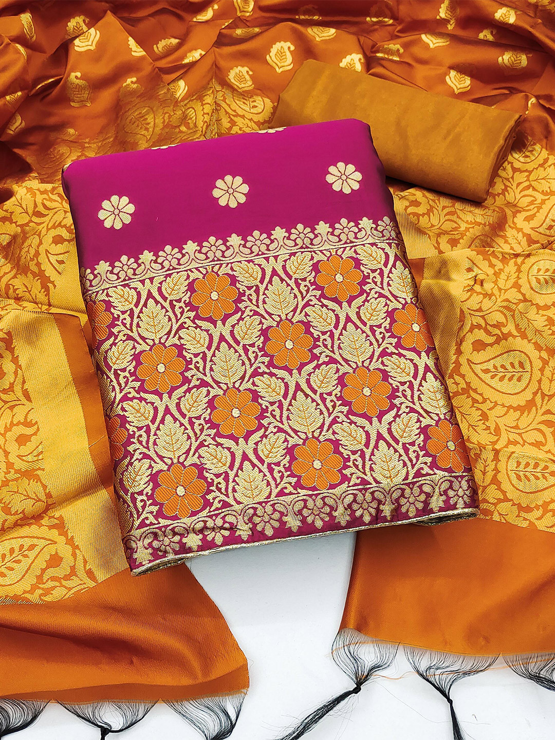 

MANVAA Ethnic Motifs Woven Design Unstitched Dress Material, Pink