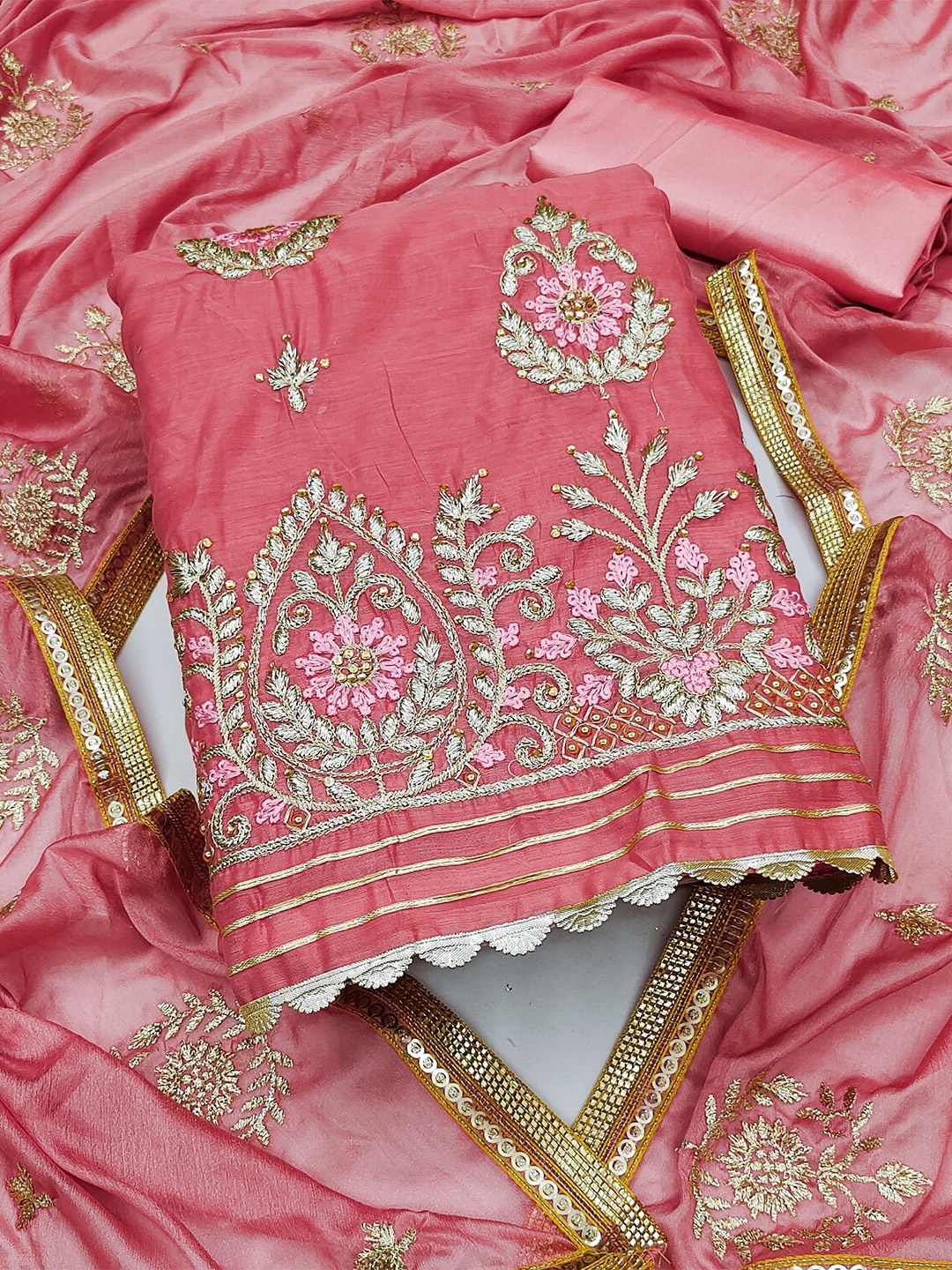 

MANVAA Ethnic Motifs Embroidered Beads and Stones Unstitched Dress Material, Pink
