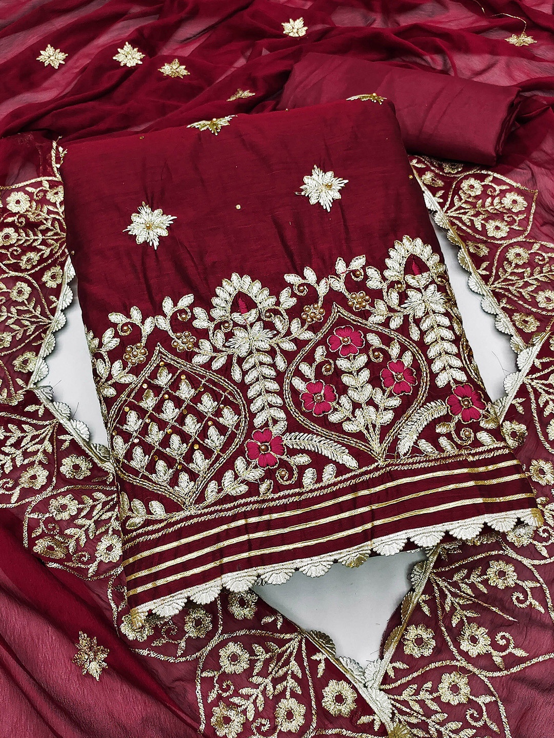 

MANVAA Floral Embroidered Zari Unstitched Dress Material, Maroon