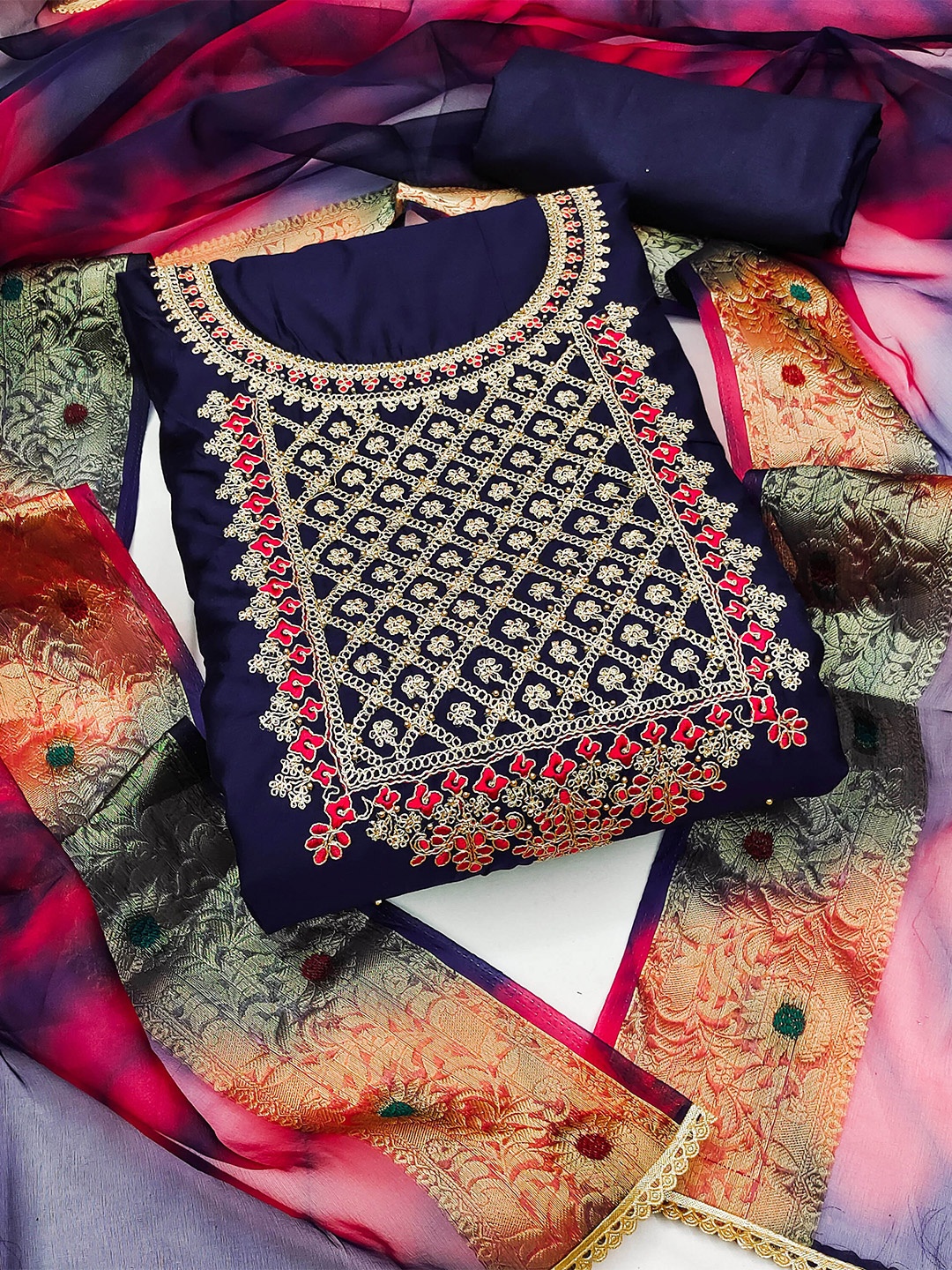 

MANVAA Ethnic Motifs Embroidered Beads and Stones Unstitched Dress Material, Blue