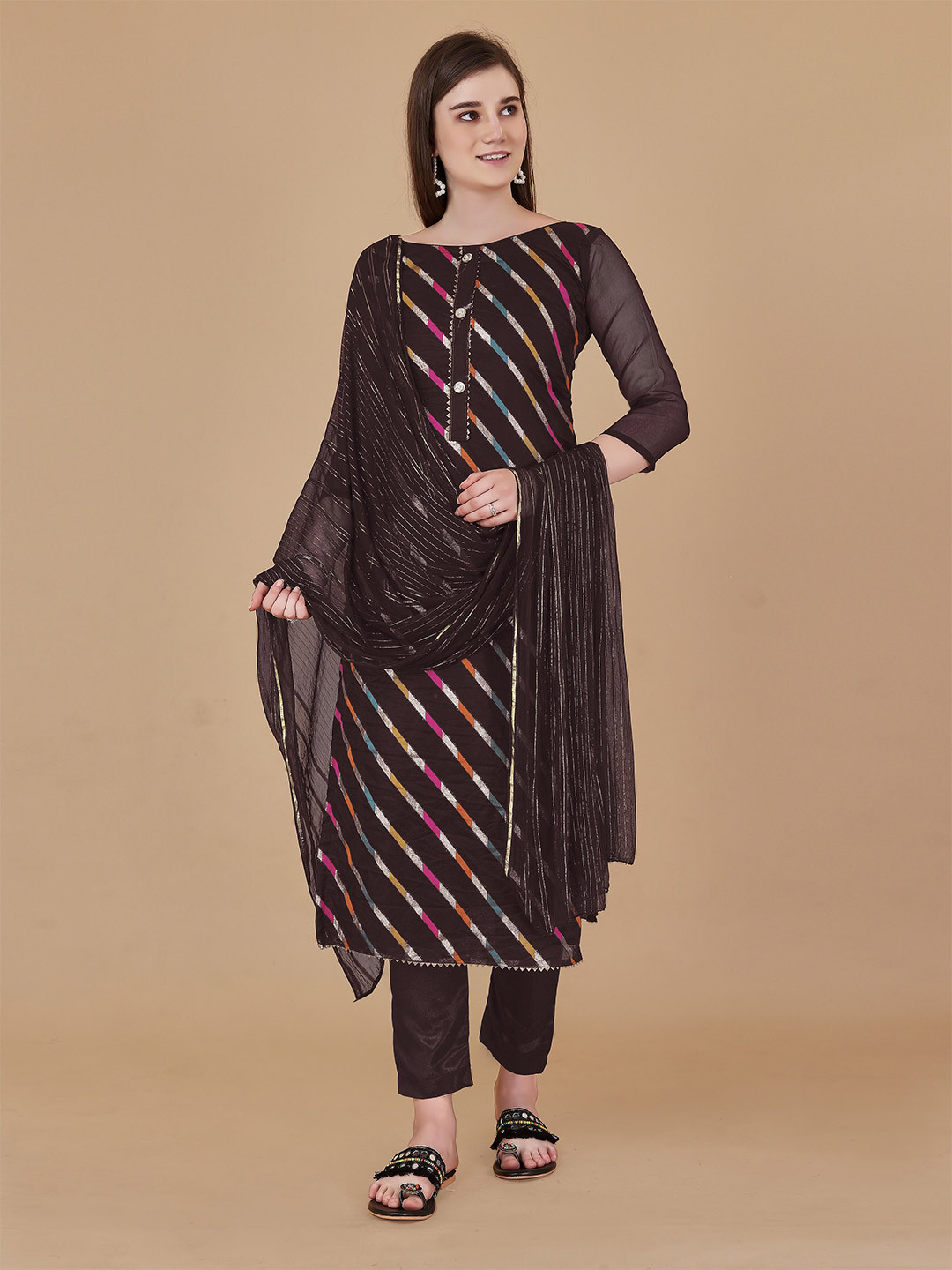 

MANVAA Striped Organza Jacquard Unstitched Dress Material, Brown