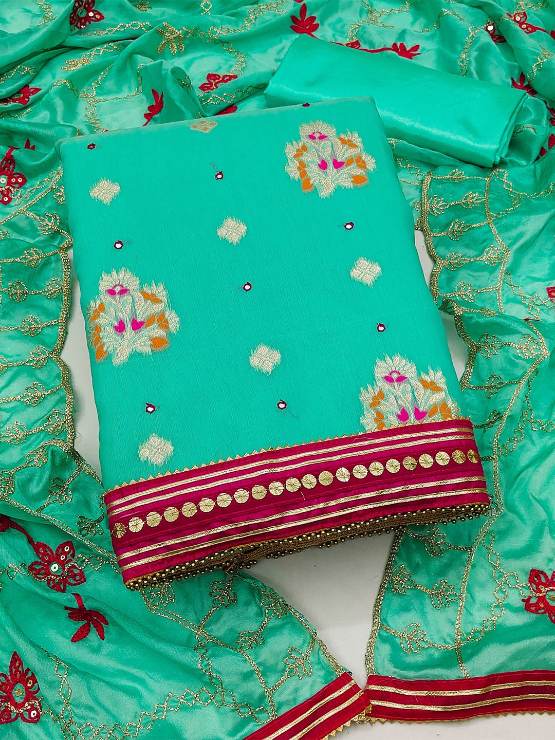 

MANVAA Ethnic Motif Woven Design Unstitched Dress Material, Green