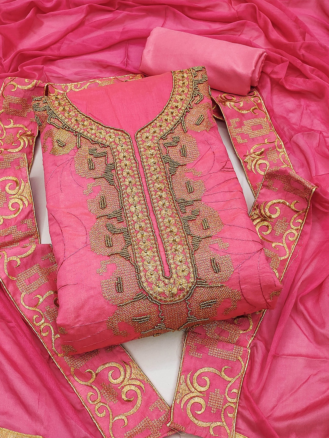 

MANVAA Embellished Unstitched Dress Material, Pink