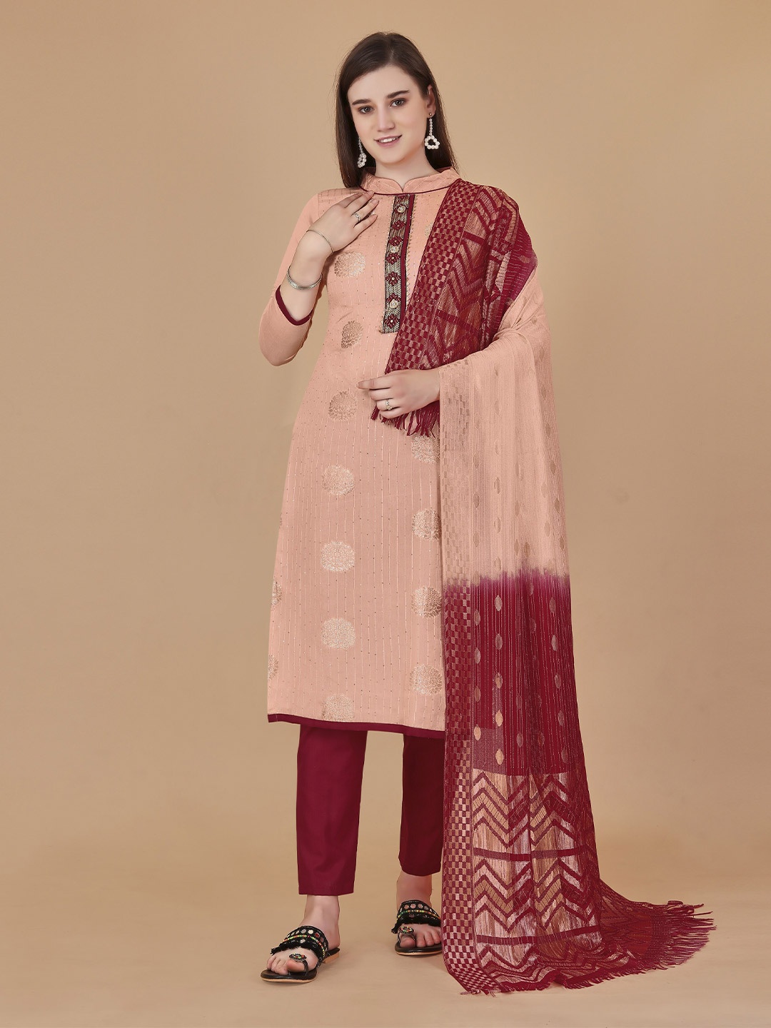 

MANVAA Ethnic Motifs Woven Design Unstitched Dress Material, Peach