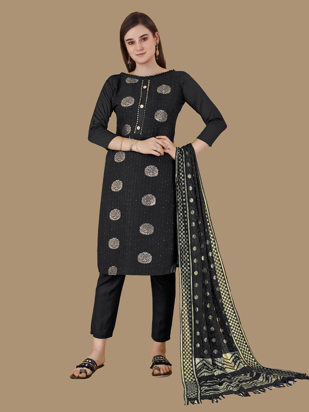 

MANVAA Ethnic Motifs Woven Design Unstitched Dress Material, Black