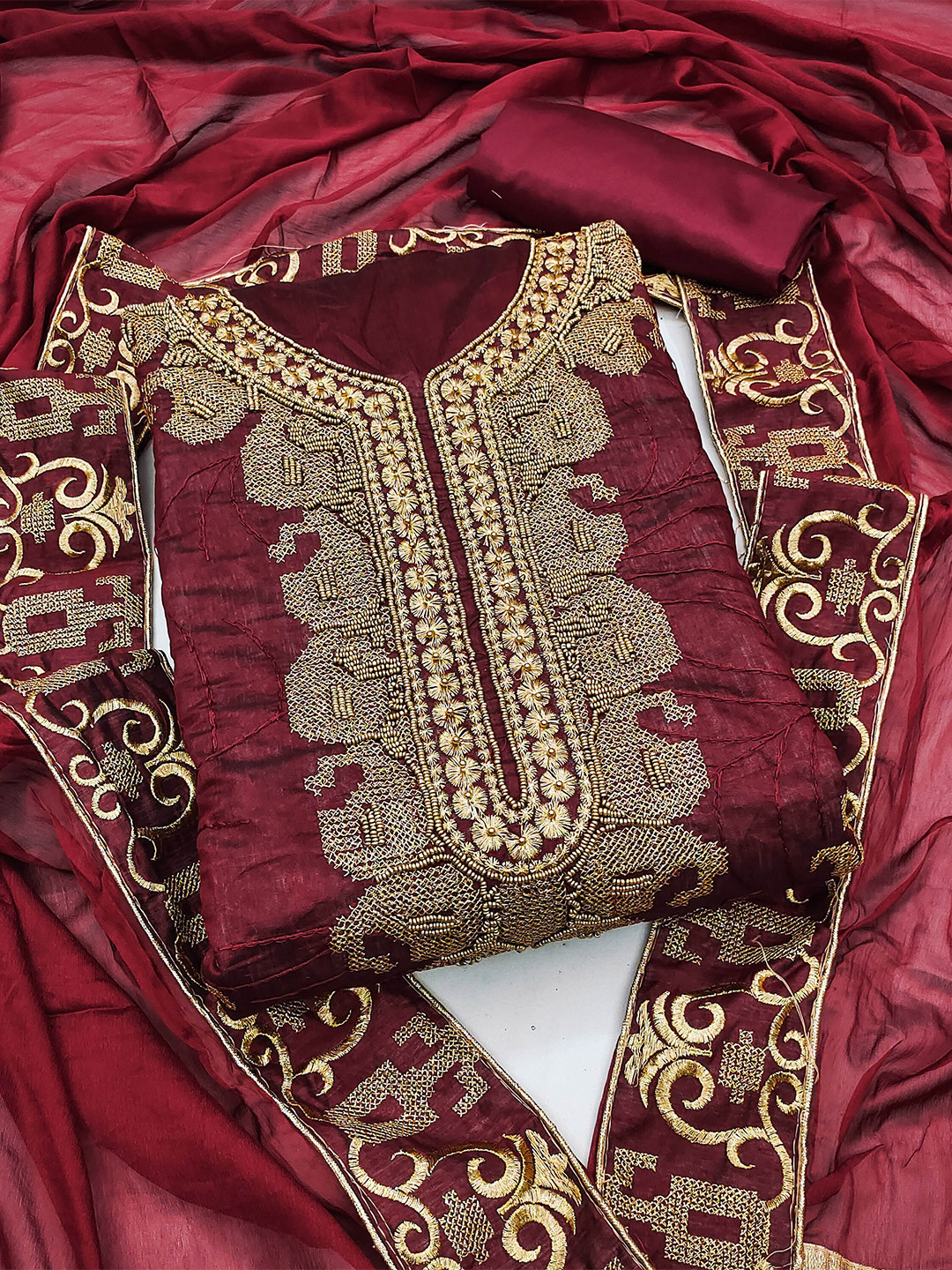 

MANVAA Embroidered Unstitched Dress Material, Maroon