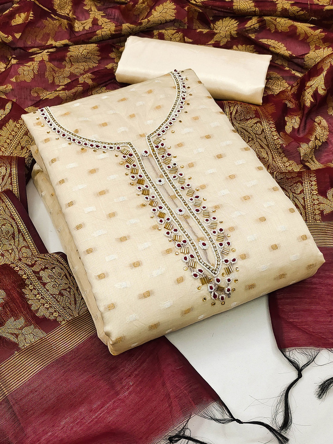 

MANVAA Ethnic Motif Woven Design Unstitched Dress Material, Beige