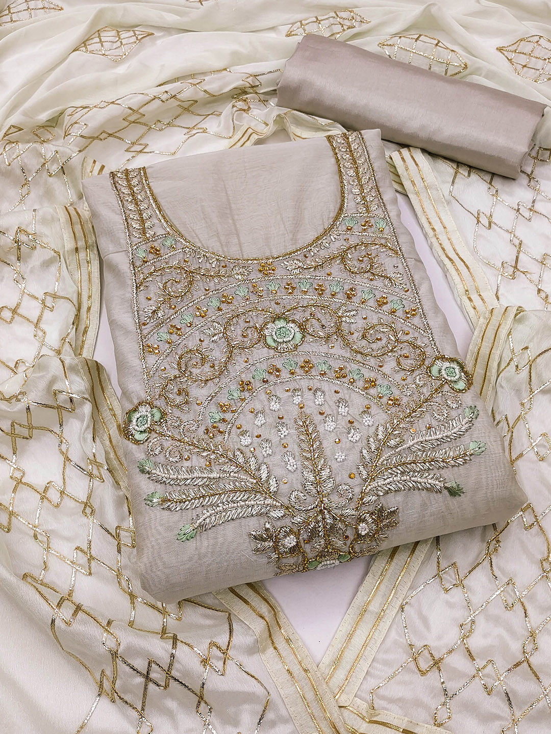 

MANVAA Ethnic Motifs Embroidered Modal Chanderi Unstitched Dress Material, Grey