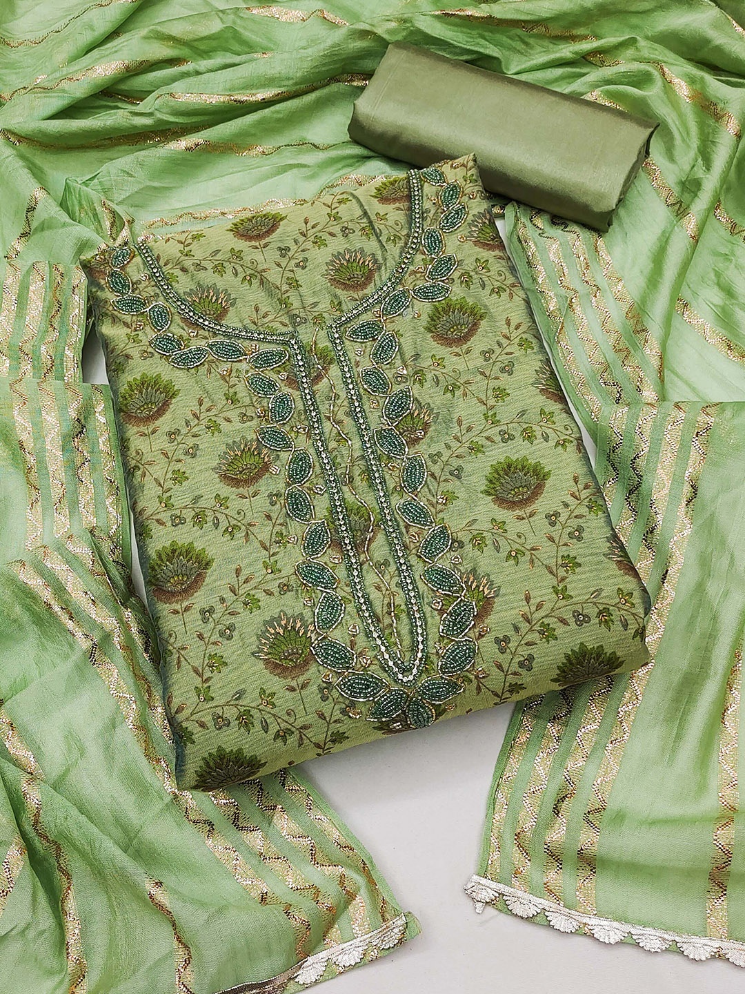 

MANVAA Floral Printed Beads and Stones Unstitched Dress Material, Green