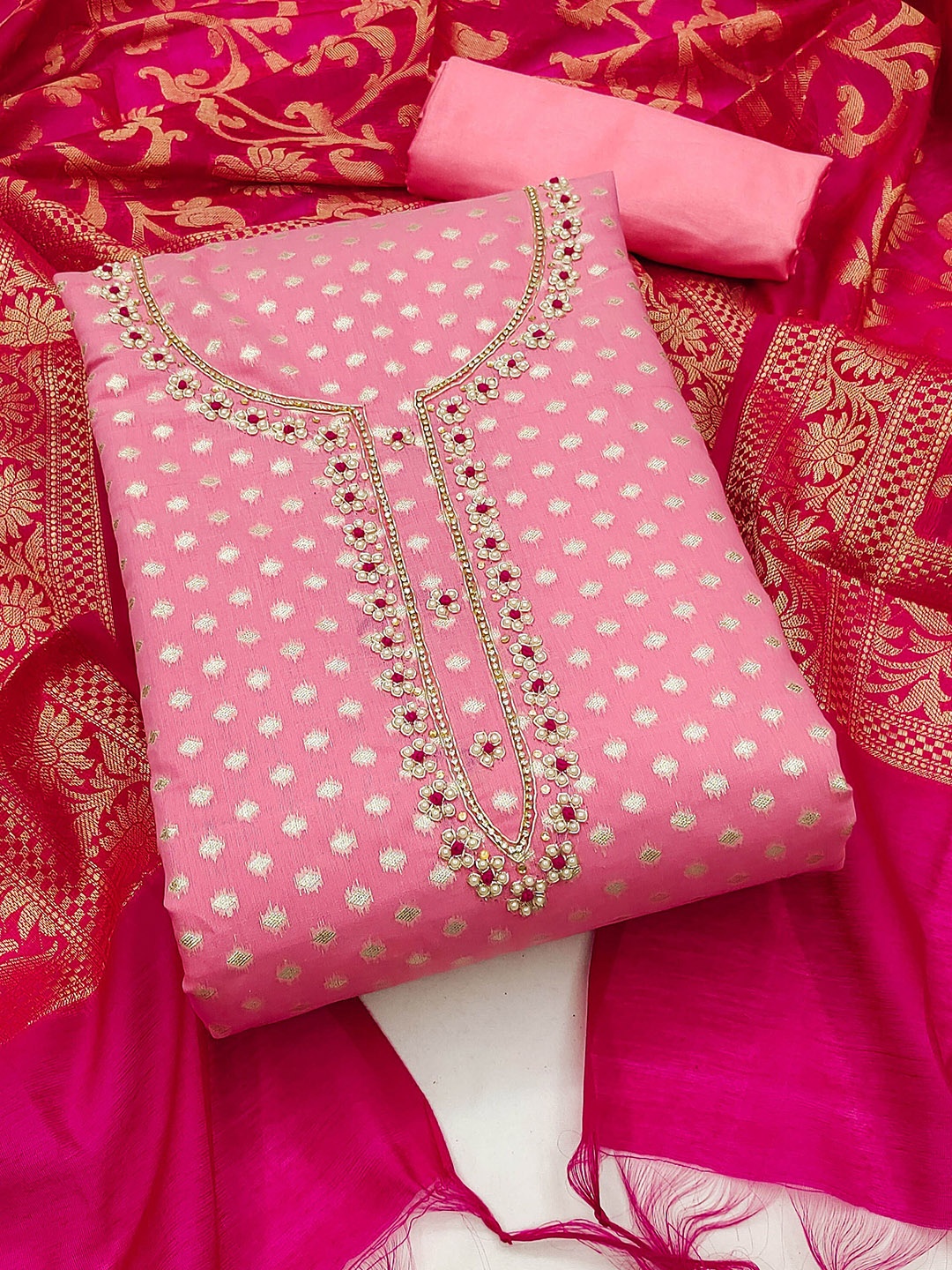 

MANVAA Ethnic Motif Woven Design Unstitched Dress Material, Pink