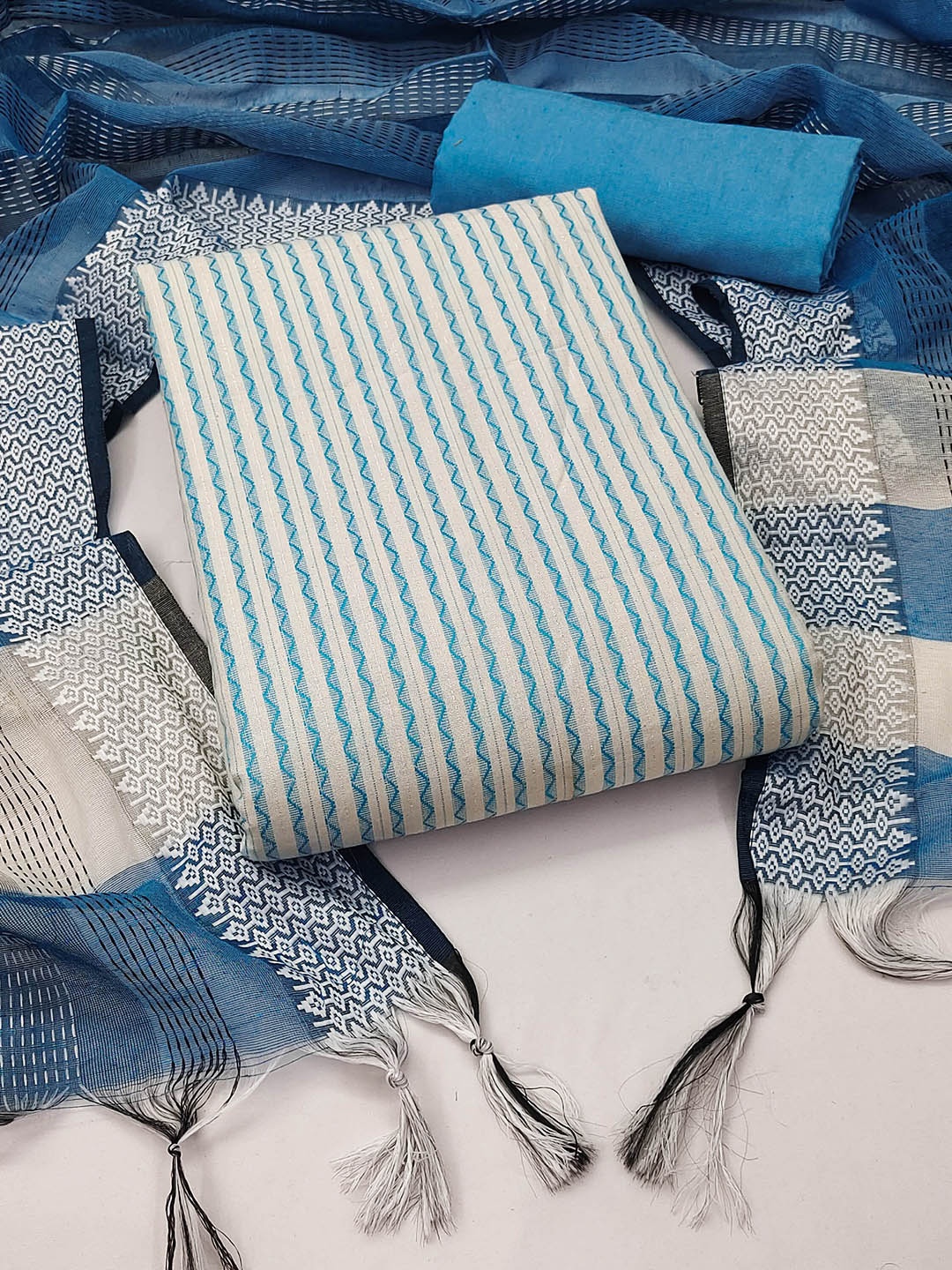 

MANVAA Striped Unstitched Dress Material, Blue