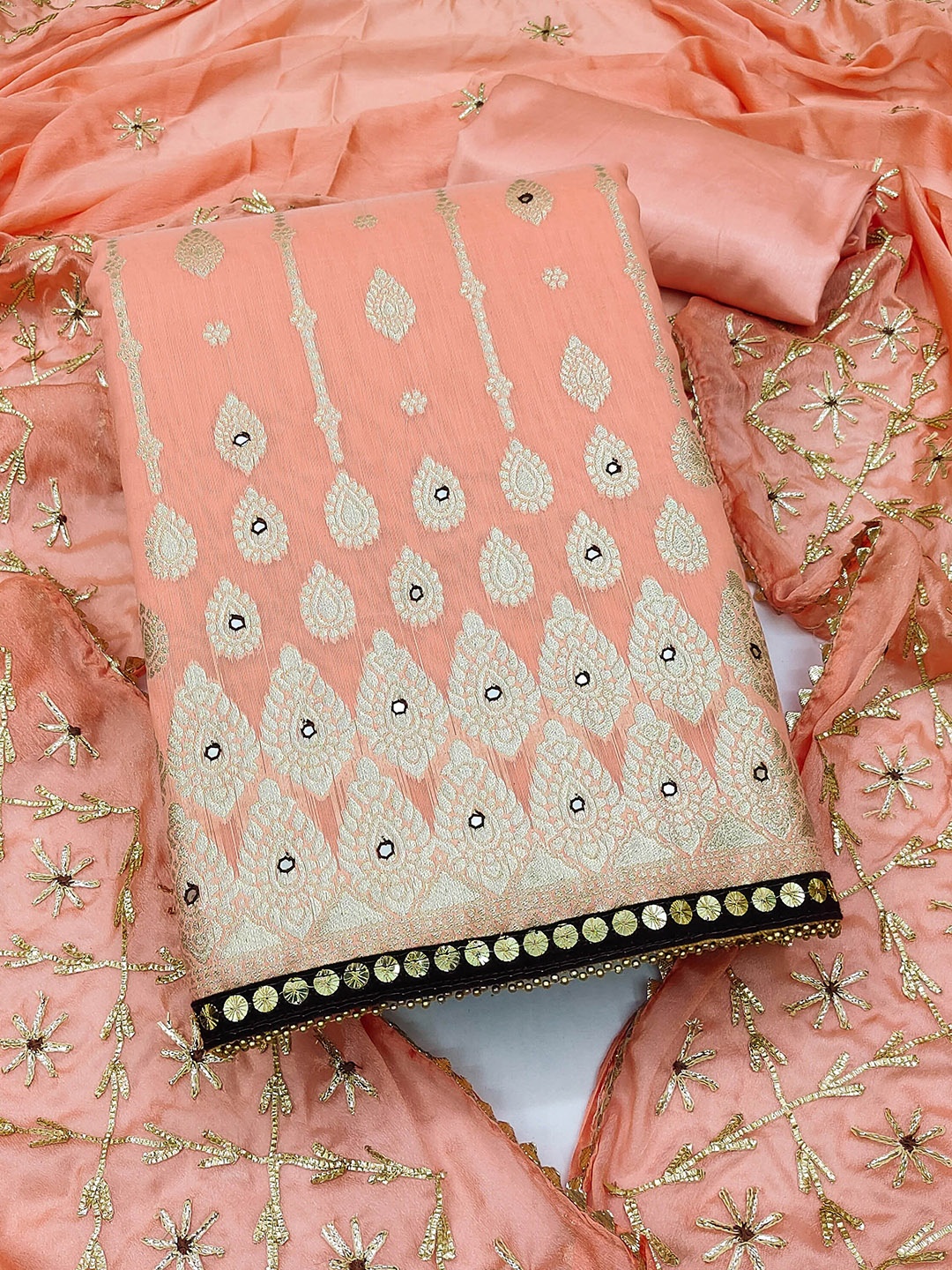 

MANVAA Ethnic Motifs Woven Designed Mirror Work Unstitched Dress Material, Peach