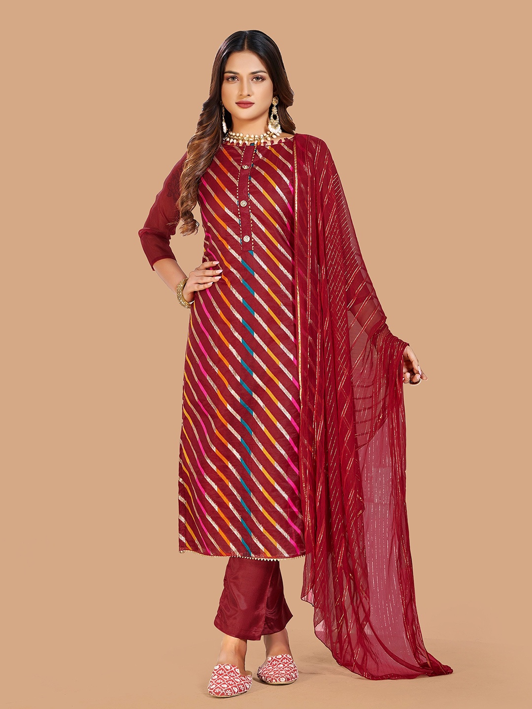 

MANVAA Striped Woven Design Unstitched Dress Material, Maroon