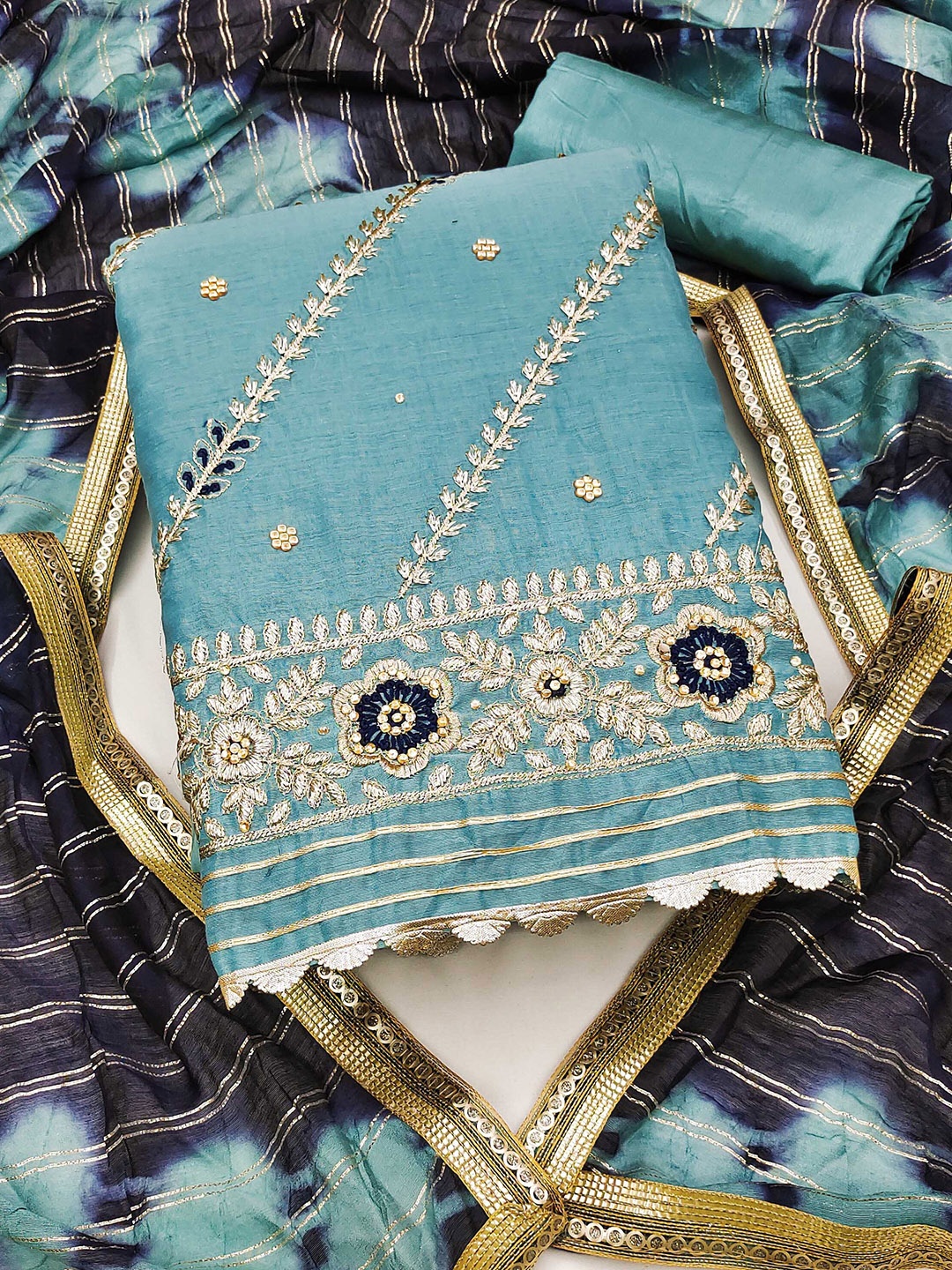 

MANVAA Floral Embroidered Beads and Stones Unstitched Dress Material, Blue