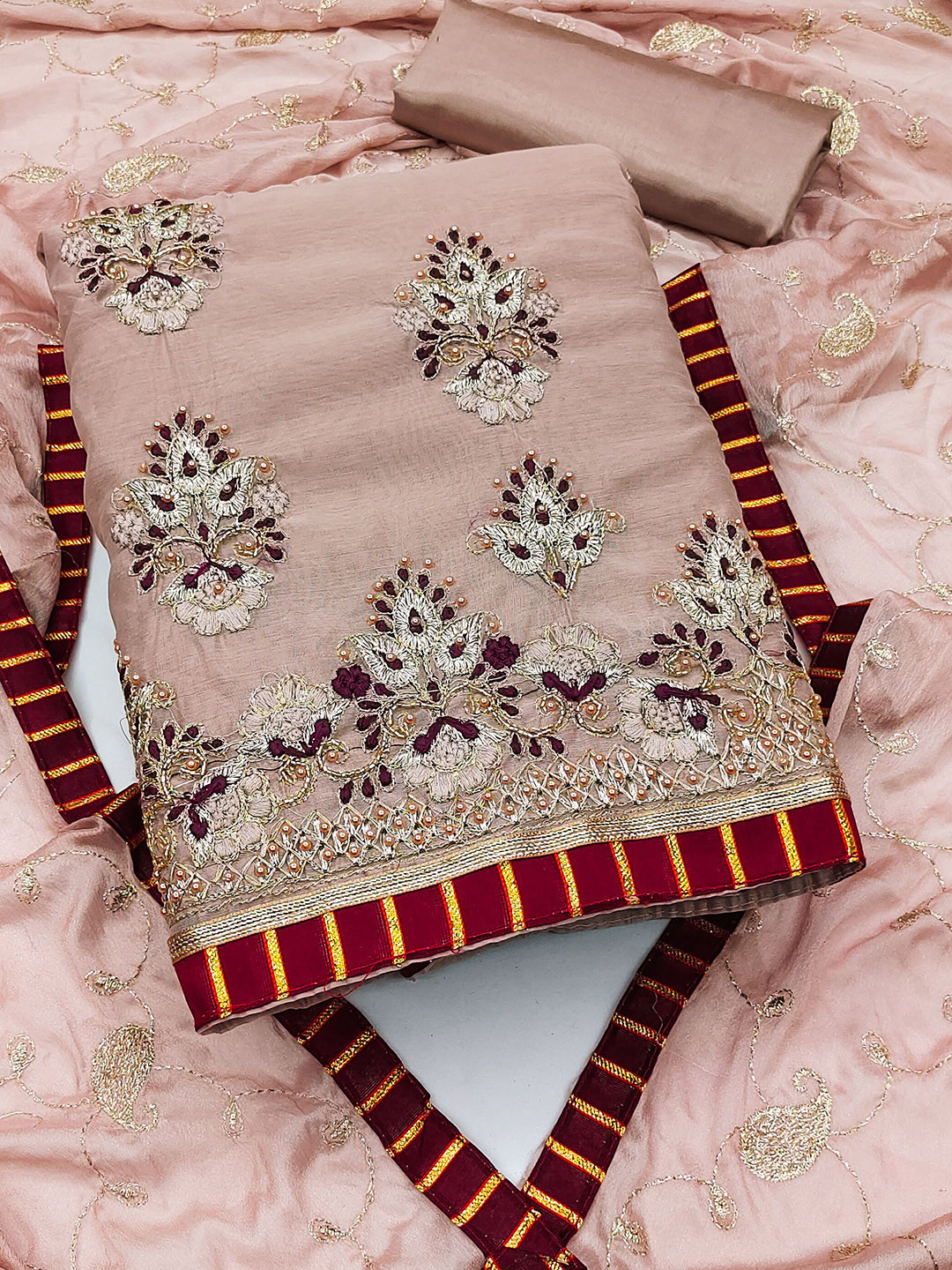 

MANVAA Ethnic Motifs Embroidered Unstitched Dress Material, Pink