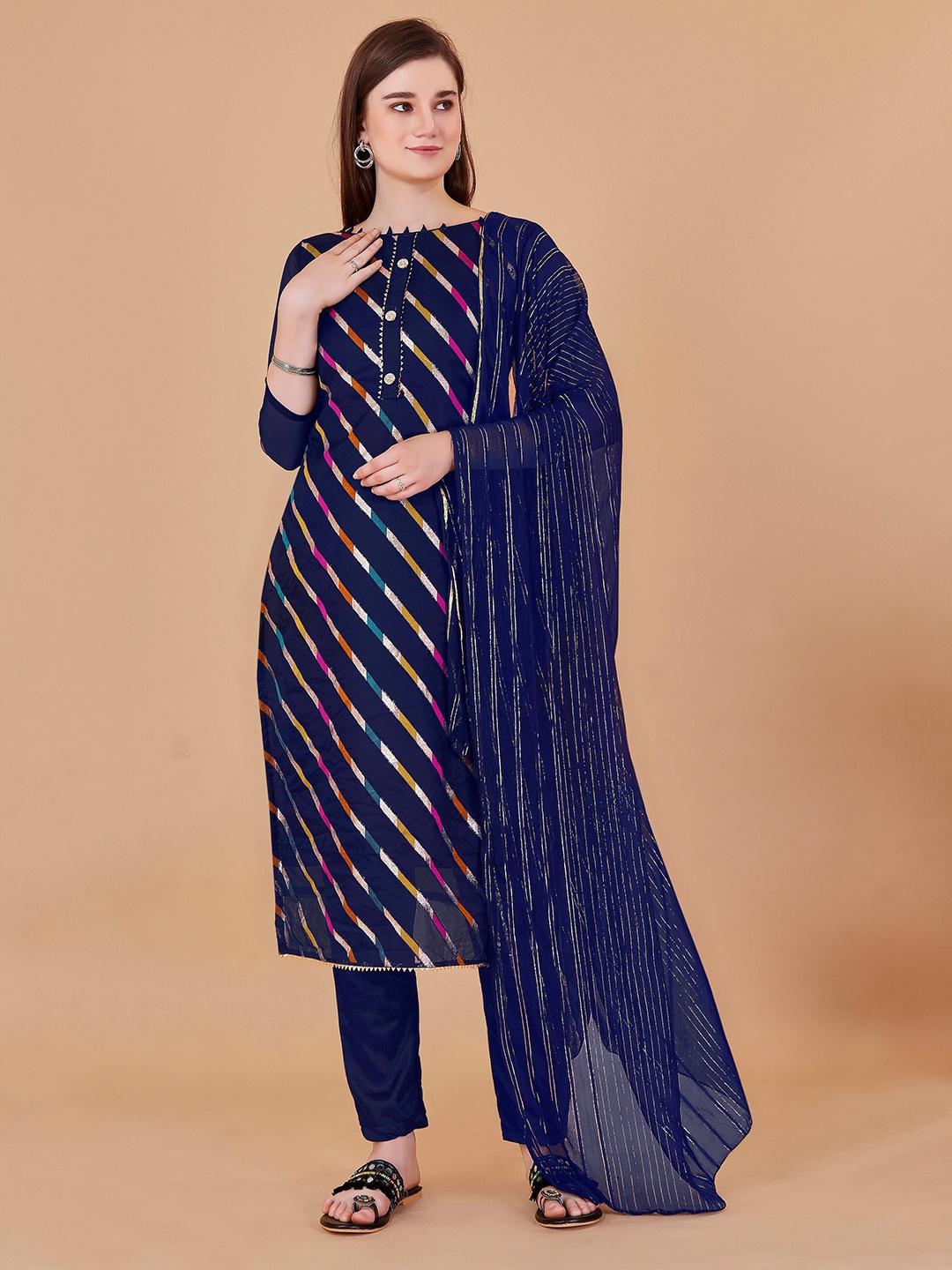 

MANVAA Striped Organza Unstitched Dress Material, Blue