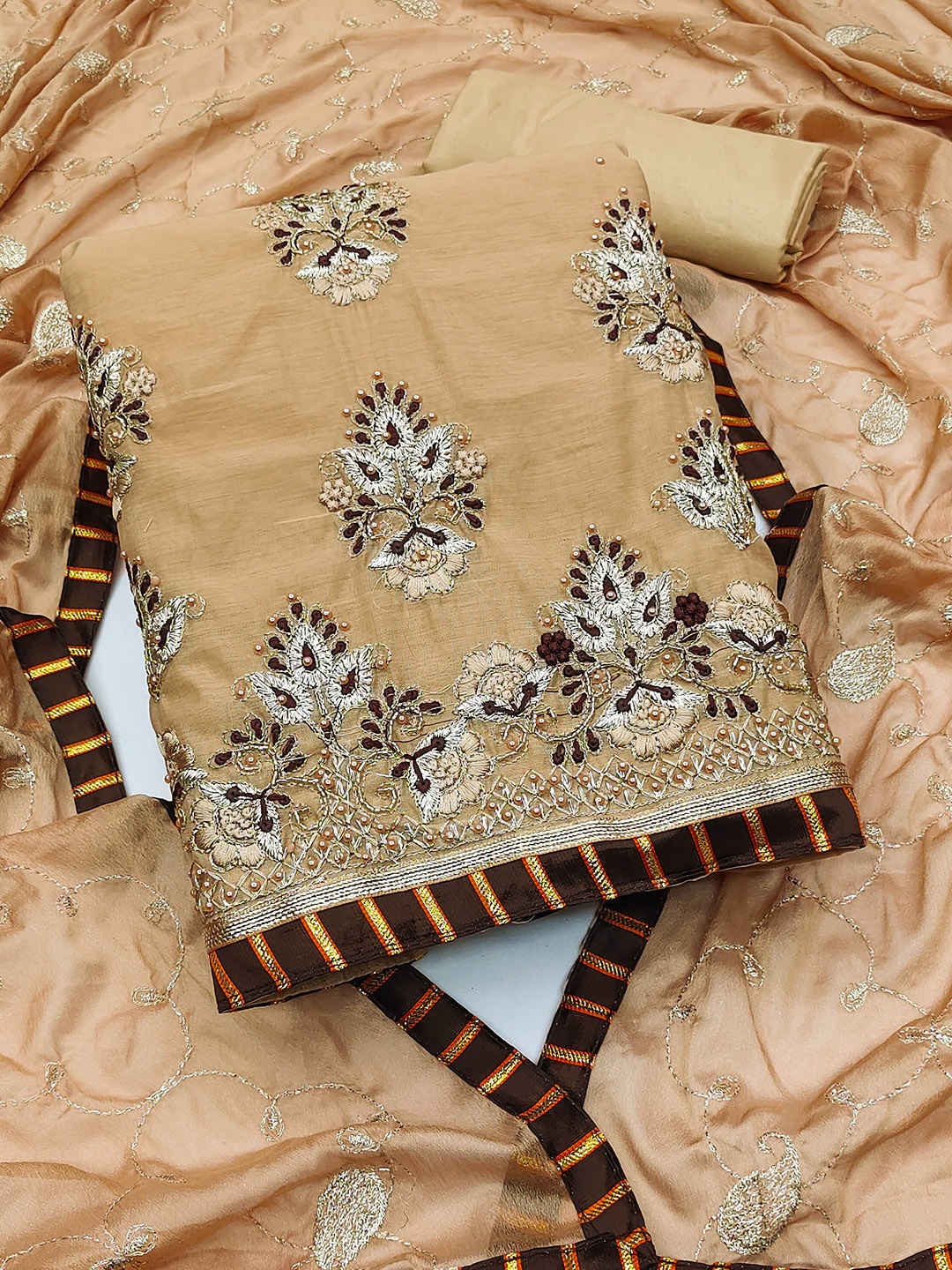 

MANVAA Floral Embroidered Unstitched Dress Material, Beige