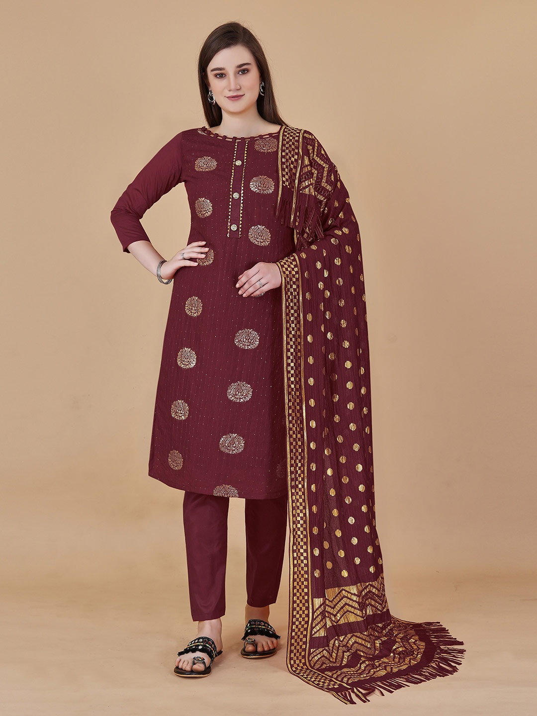 

MANVAA Ethnic Motifs Woven Design Unstitched Dress Material, Maroon