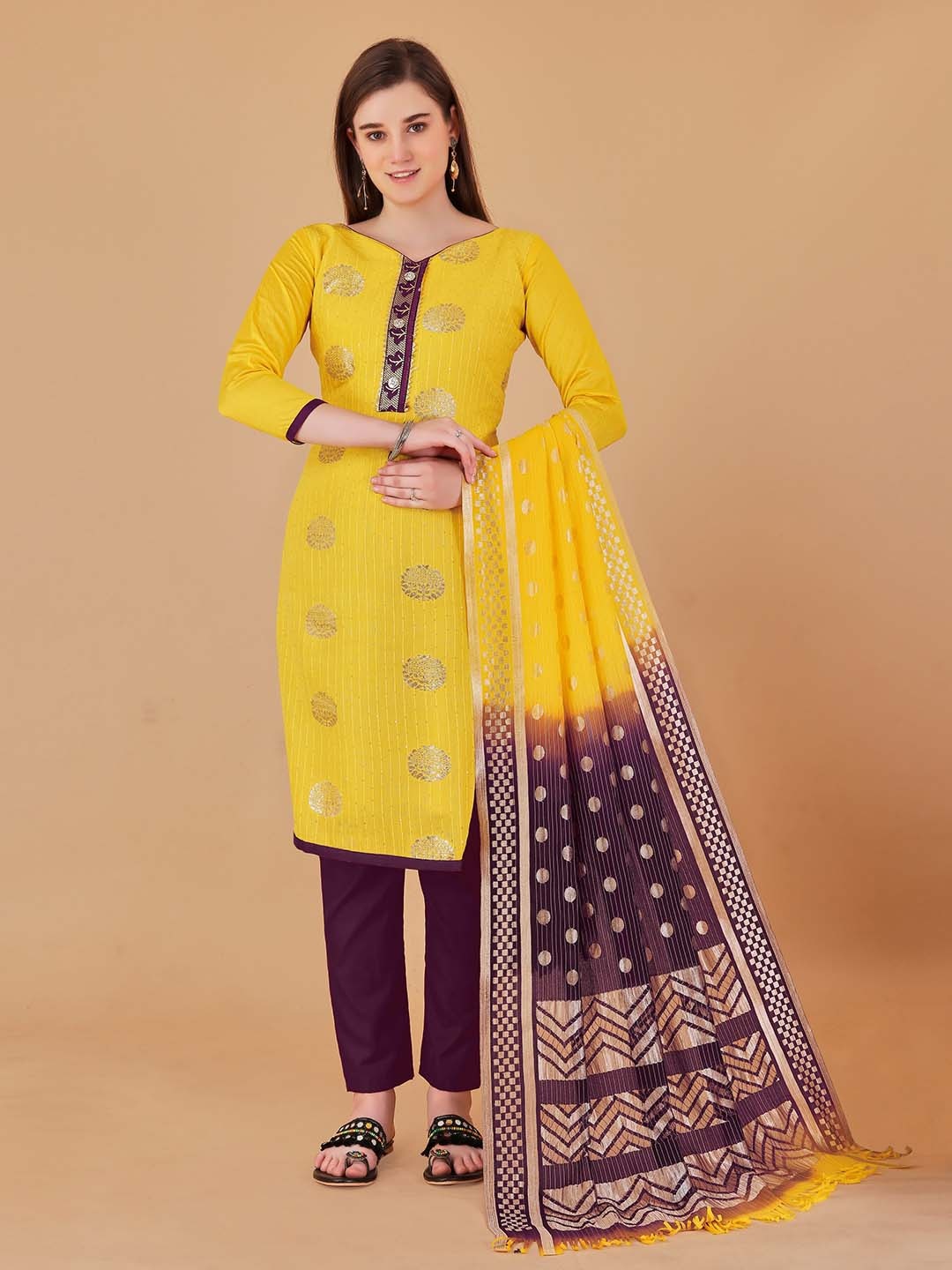 

MANVAA Ethnic Motifs Woven Design Jacquard Unstitched Dress Material, Yellow