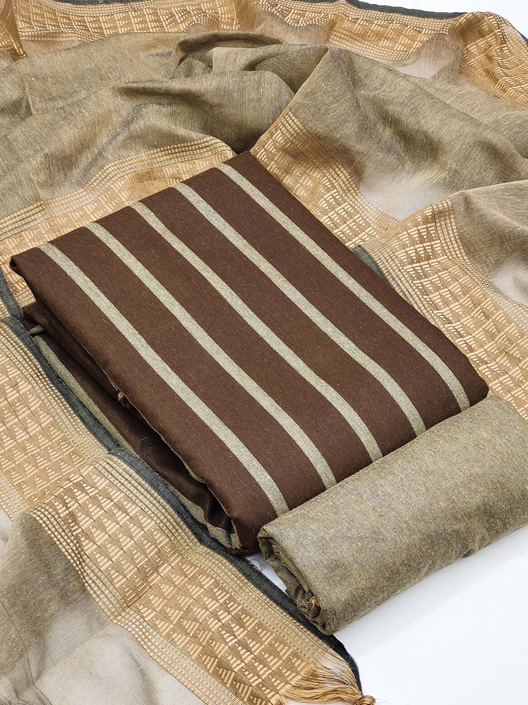 

MANVAA Striped Woven Design Unstitched Dress Material, Brown