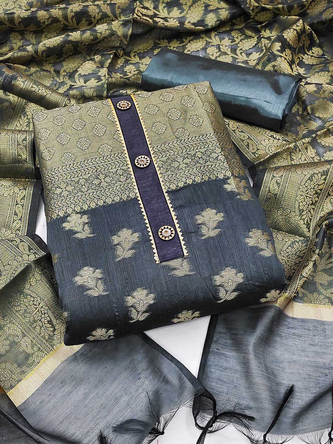 

MANVAA Floral Woven Design Unstitched Dress Material, Grey