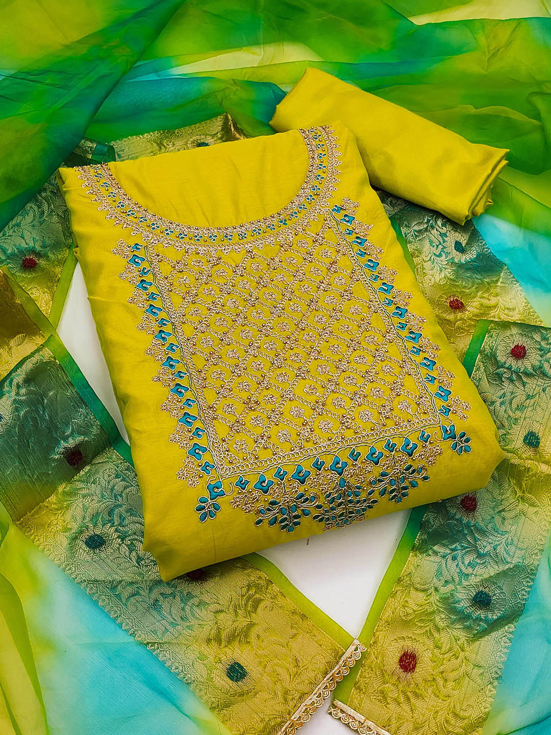 

MANVAA Ethnic Motifs Yoke Designed Thread Work Unstitched Dress Material, Green