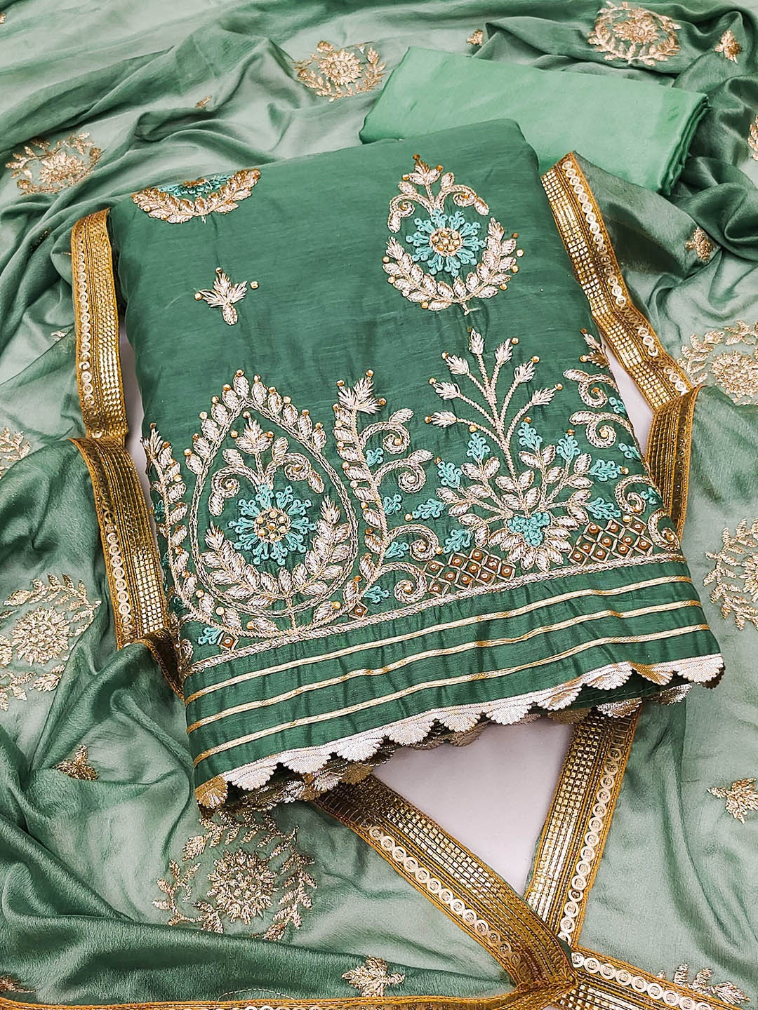 

MANVAA Ethnic Motifs Embroidered Sequined Unstitched Dress Material, Green