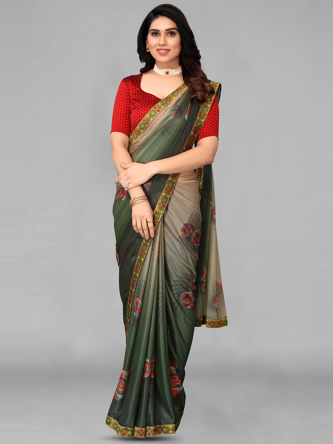 

Ashiya Fab Ethnic Motifs Printed Banarasi Saree, Green