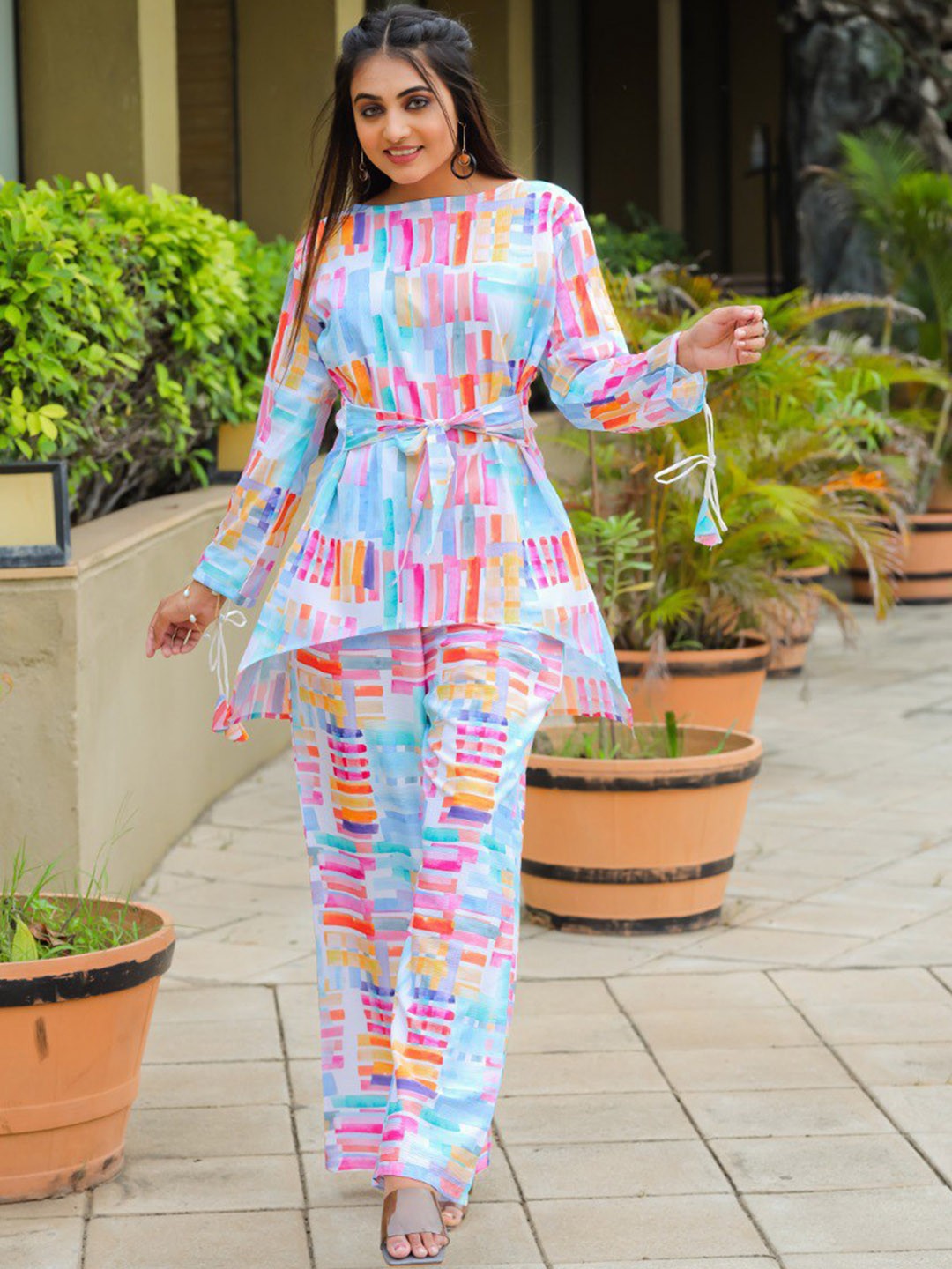 

ISHA TRADE Printed Top With Palazzos Co-Ords, Blue
