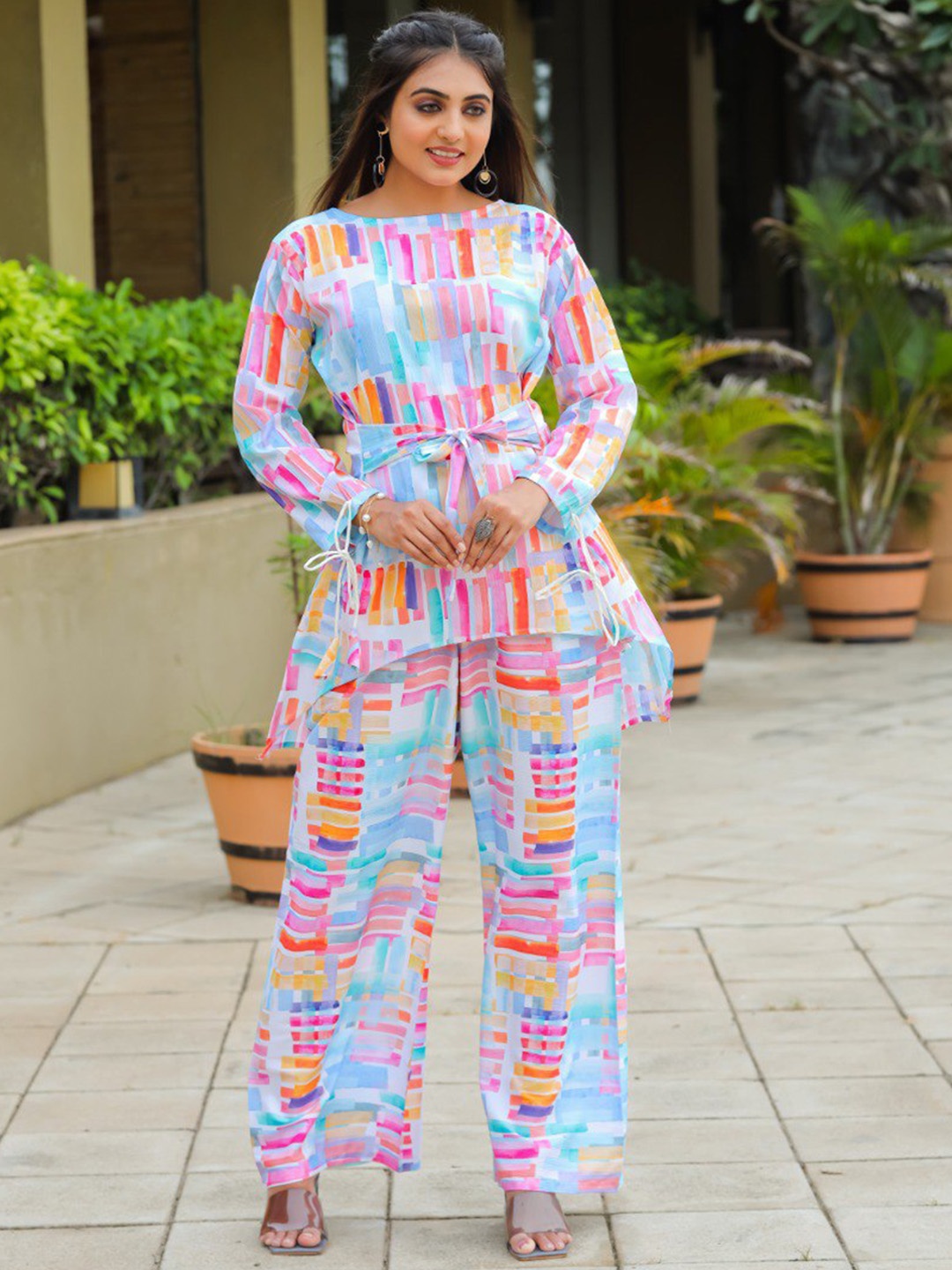 

ISHA TRADE Printed Cotton Round-Neck Top With Trouser Co-Ords, Blue