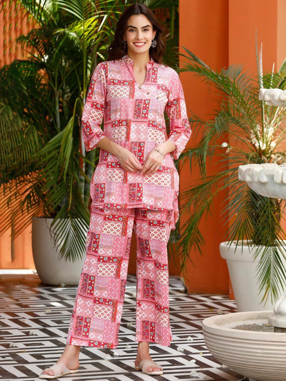 

ISHA TRADE Geometric Printed Polo Collar Tunic With Trouser, Pink