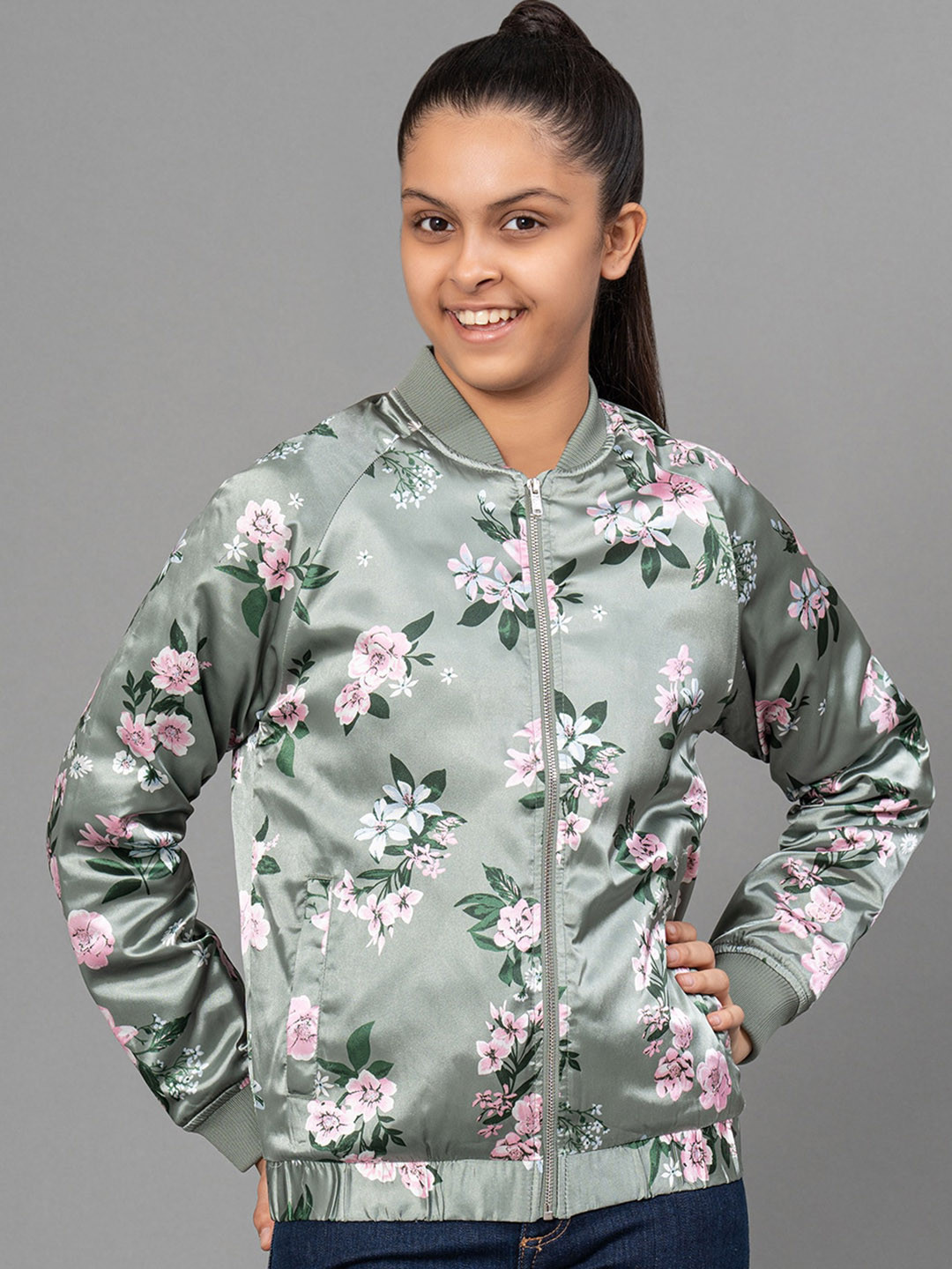 

Mode by Red Tape Girls Floral Printed Stand Collar Open Front Jacket, Green