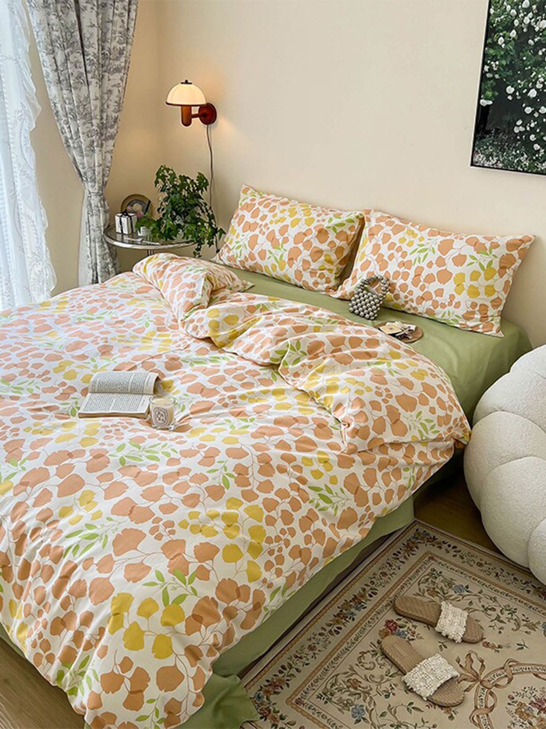 

JC HOME Green & Brown 4 Pieces Floral Printed AC Room Double King Bedding Set