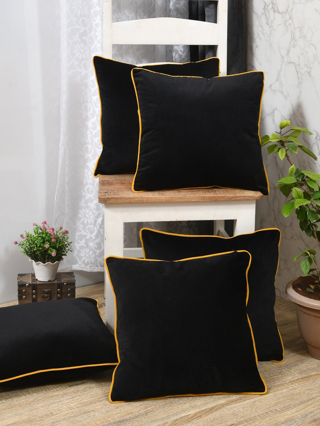 

Clasiko Black & Yellow 5 Pieces Velvet Square Cushion Covers