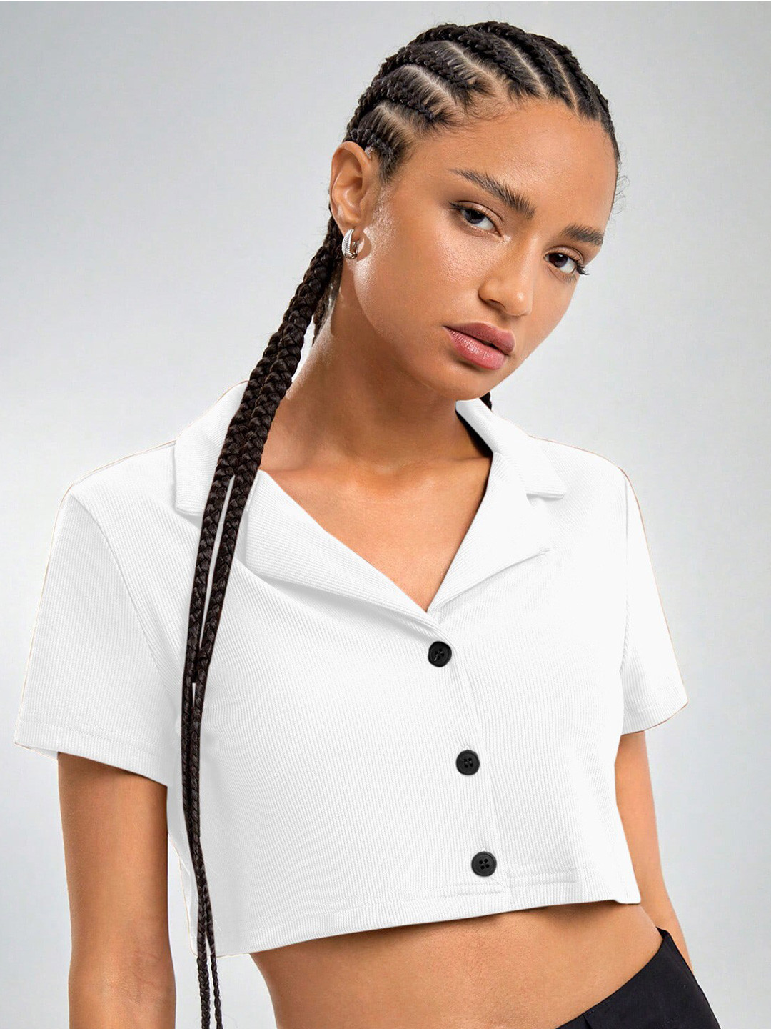 

AAHWAN Notched Collar Crop Shirt Style Top, White